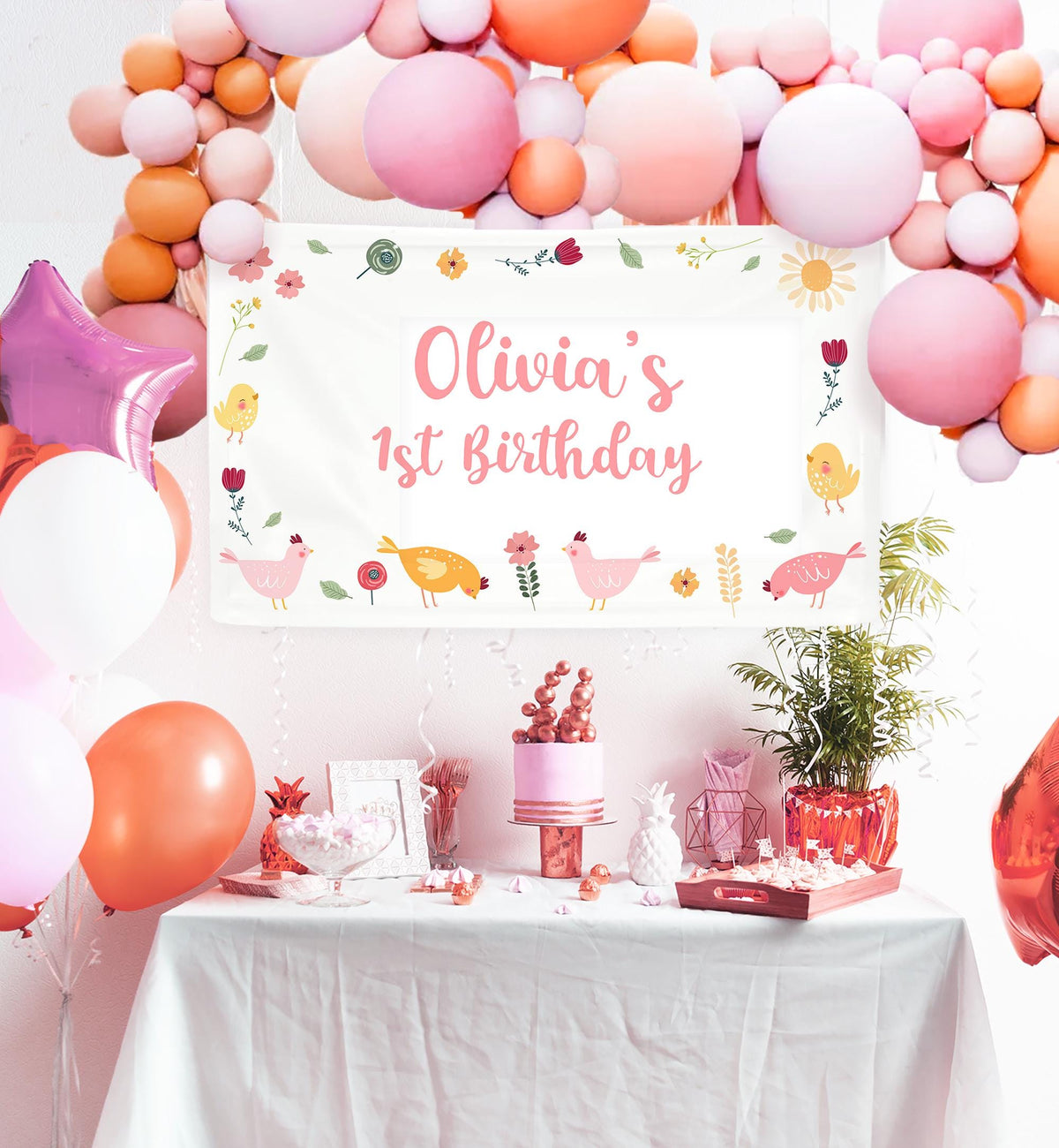 Editable Little Chicken Backdrop Banner Girl Birthday Party Spring Farm Animals Easter Barnyard Digital Download Template Printable 0446