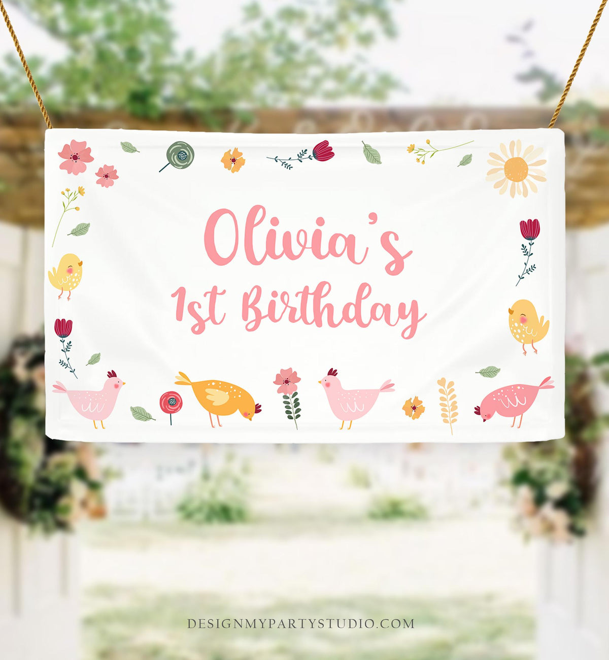 Editable Little Chicken Backdrop Banner Girl Birthday Party Spring Farm Animals Easter Barnyard Digital Download Template Printable 0446
