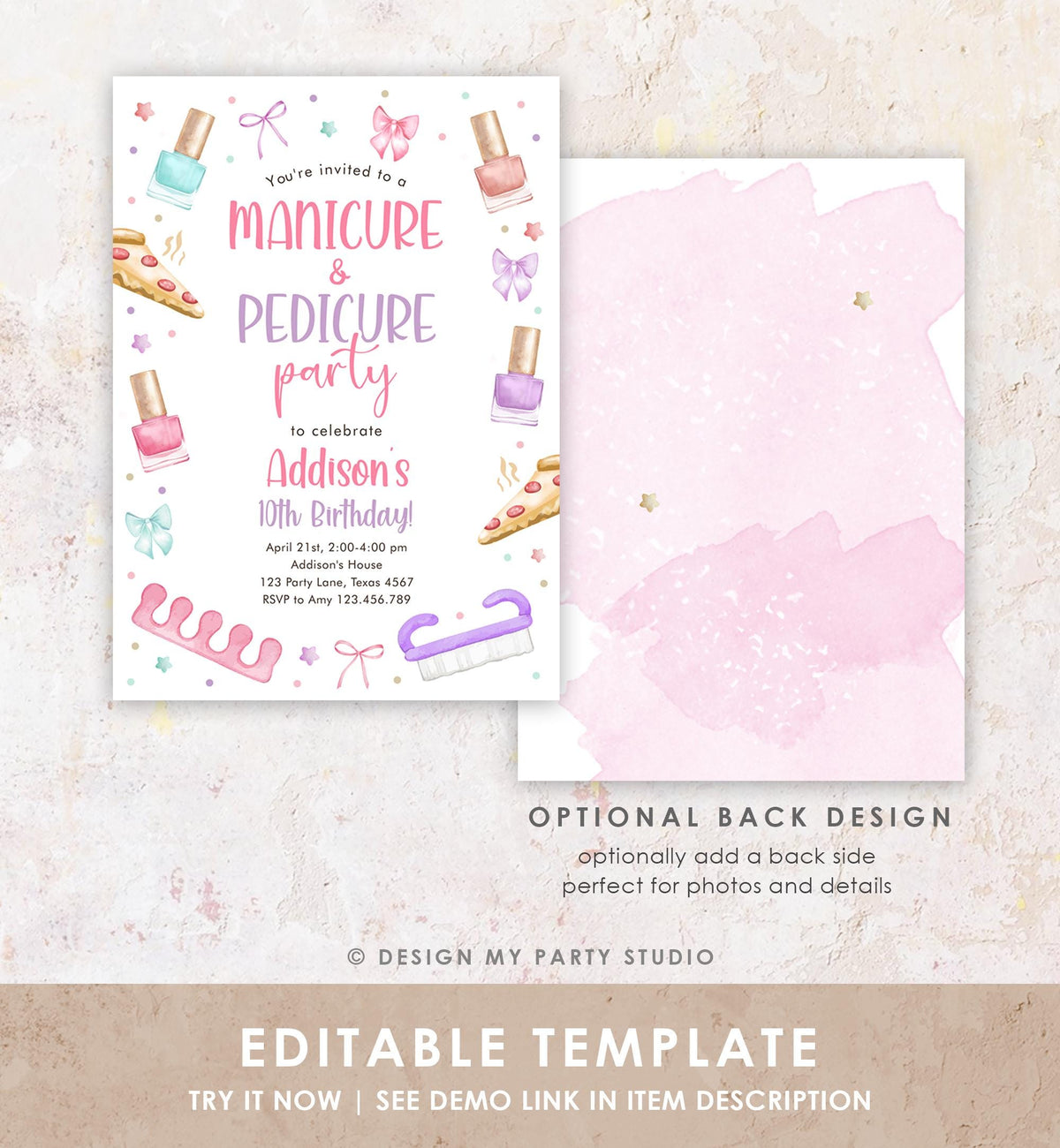 Editable Manicure and Pedicure Birthday Invitation Bow Girl Mani-Pedi Spa Party Nail Salon Pink Purple Digital Template Printable 0562