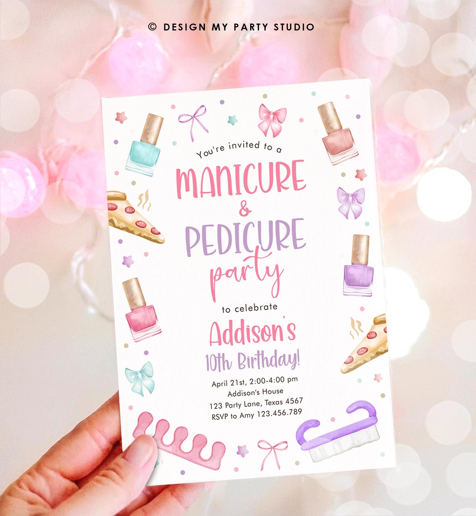 Editable Manicure and Pedicure Birthday Invitation Bow Girl Mani-Pedi Spa Party Nail Salon Pink Purple Digital Template Printable 0562