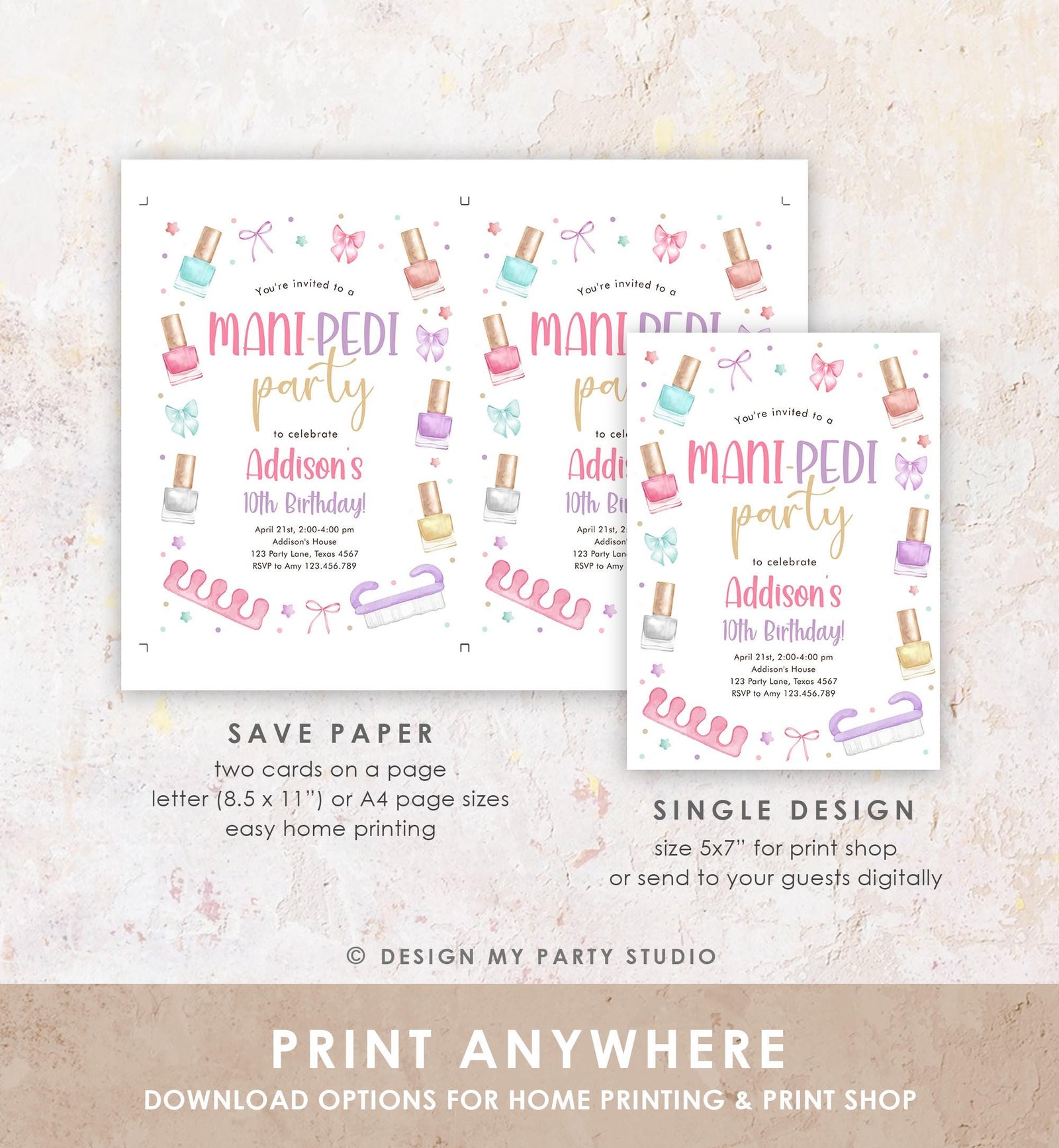 Editable Mani-Pedi Party Birthday Invitation Bow Girl Manicure and Pedicure Spa Nail Salon Pink Purple Digital Template Printable 0562