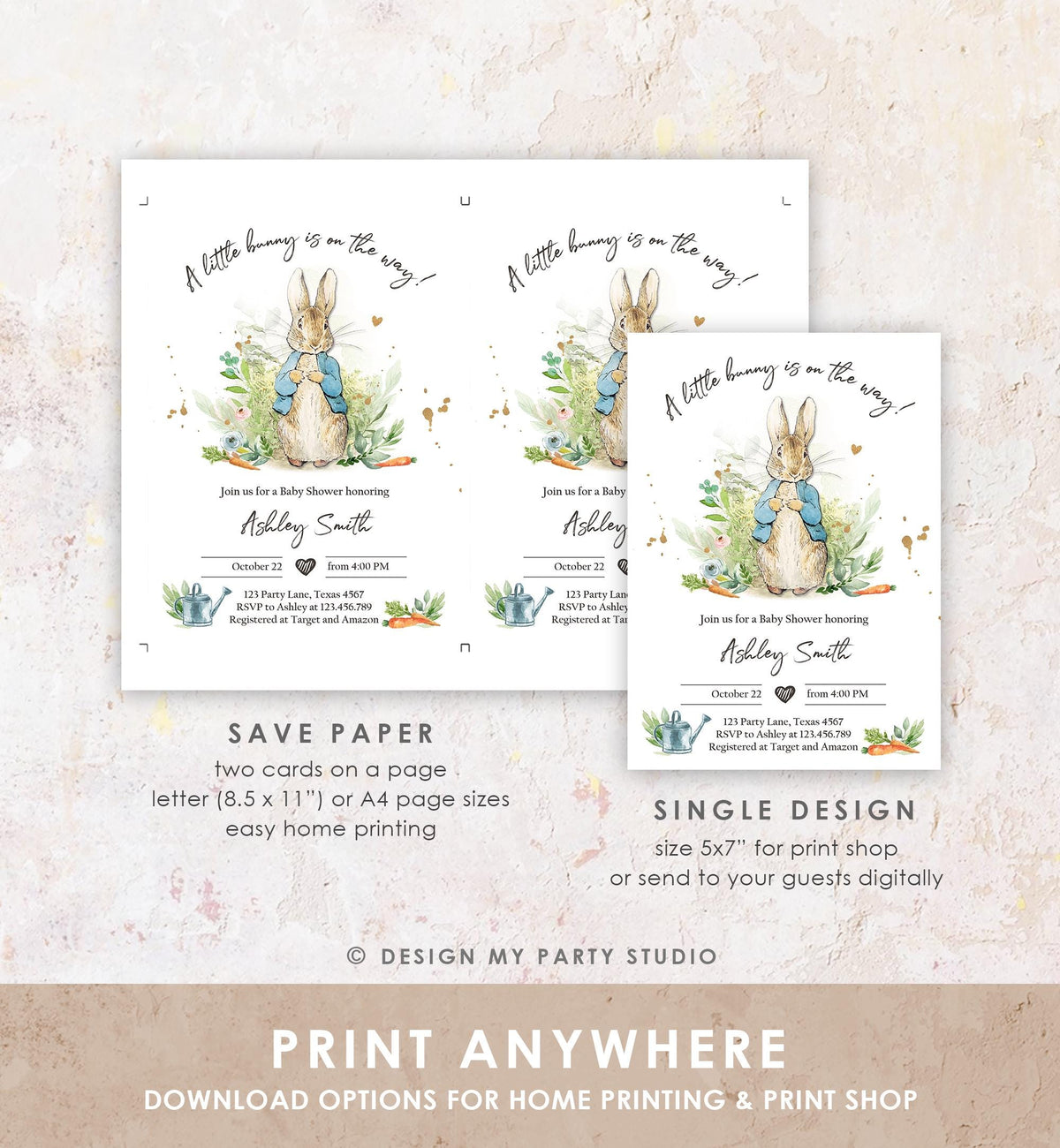 Classic Storybook Rabbit Baby Shower Invitation • Vintage Beatrix Potter Bunny Illustration • Editable Template Digital Evite Printable 0351