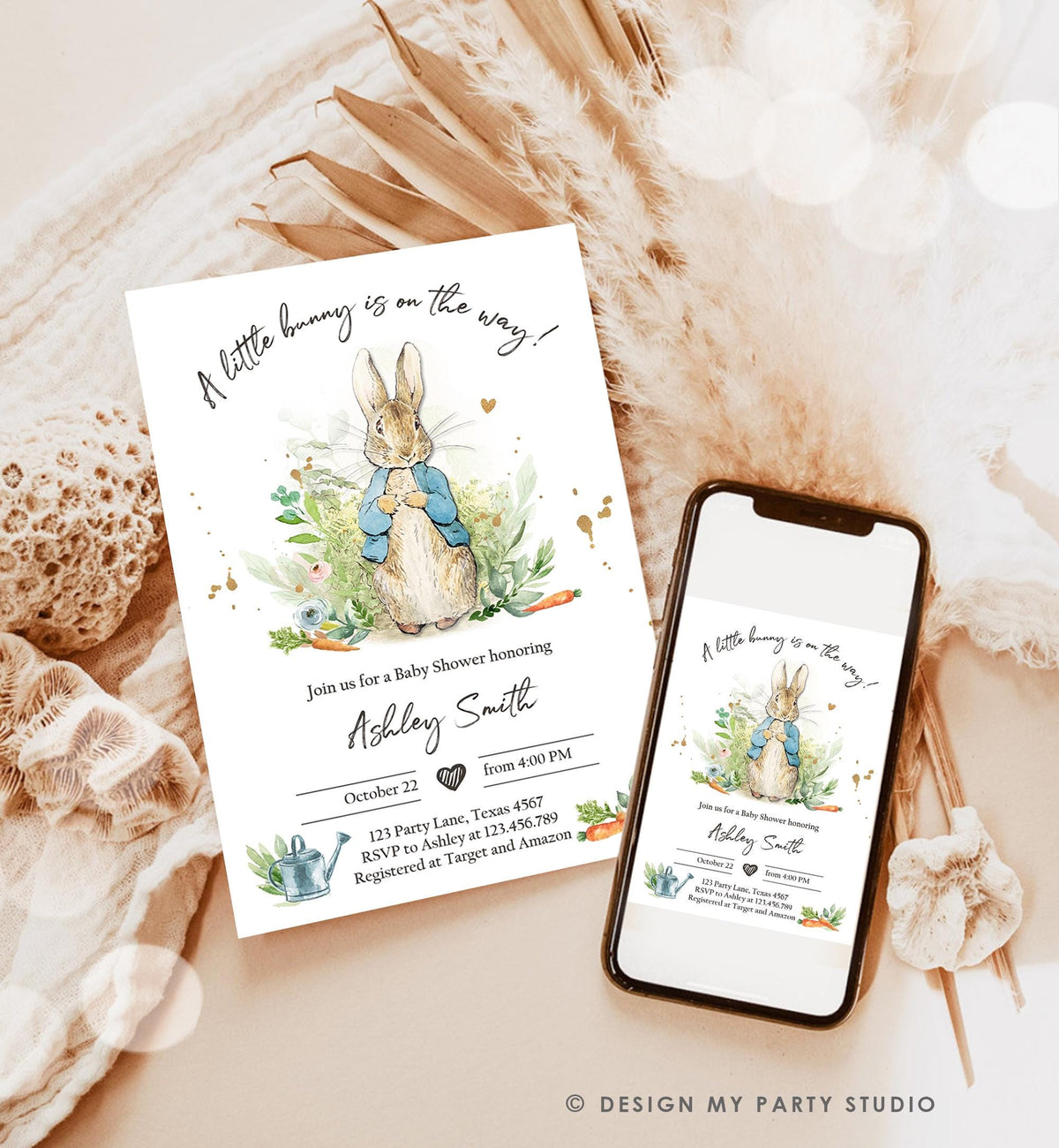 Classic Storybook Rabbit Baby Shower Invitation • Vintage Beatrix Potter Bunny Illustration • Editable Template Digital Evite Printable 0351