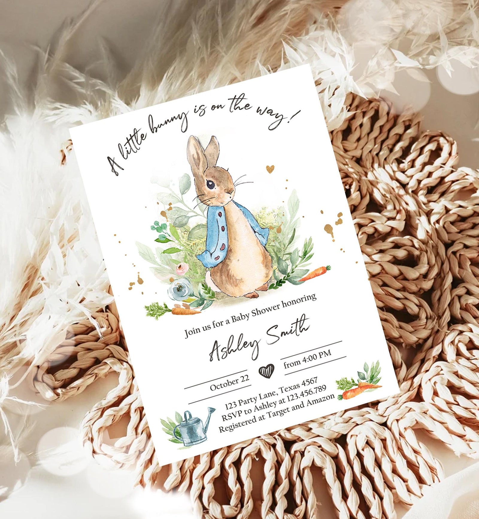 Classic Storybook Rabbit Baby Shower Invitation • Vintage Beatrix Potter Bunny Illustration • Editable Template Digital Evite Printable 0351
