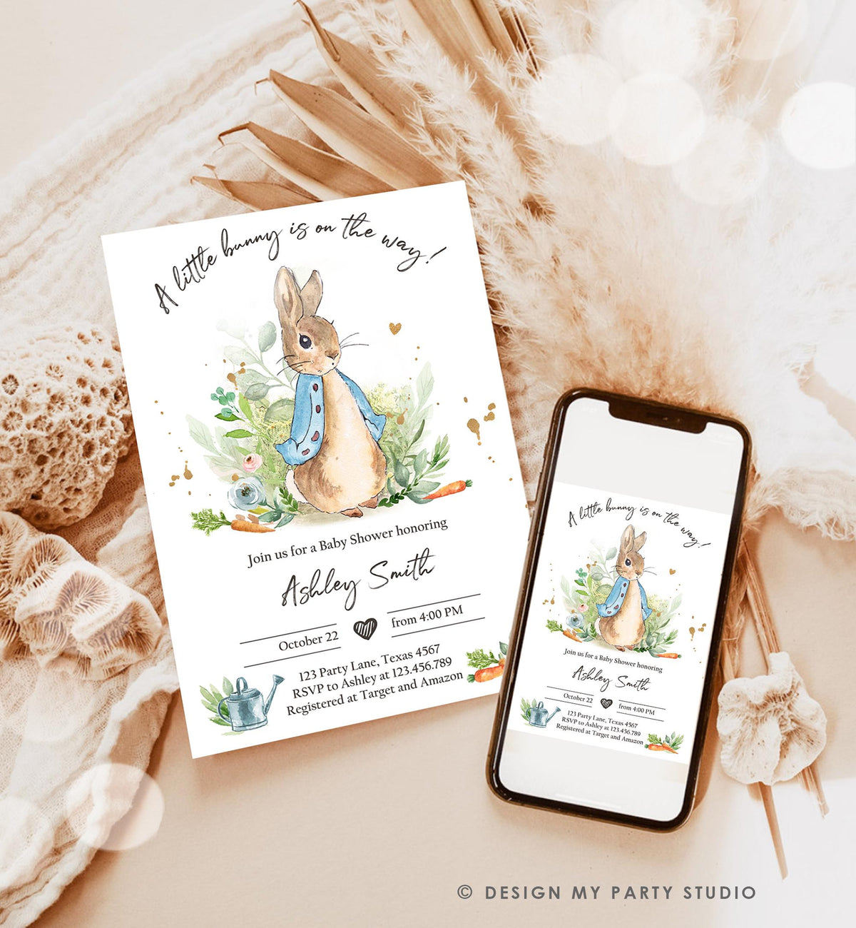 Classic Storybook Rabbit Baby Shower Invitation • Vintage Beatrix Potter Bunny Illustration • Editable Template Digital Evite Printable 0351