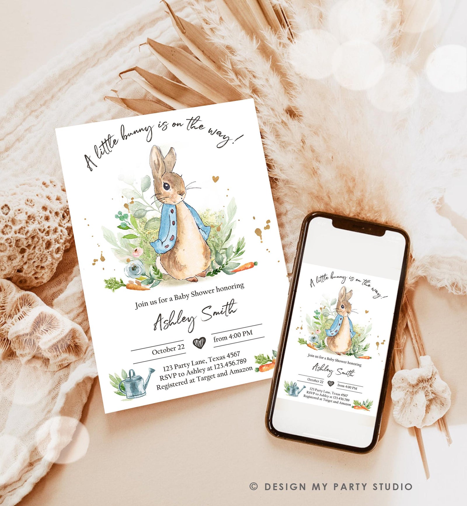 Classic Storybook Rabbit Baby Shower Invitation • Vintage Beatrix Potter Bunny Illustration • Editable Template Digital Evite Printable 0351