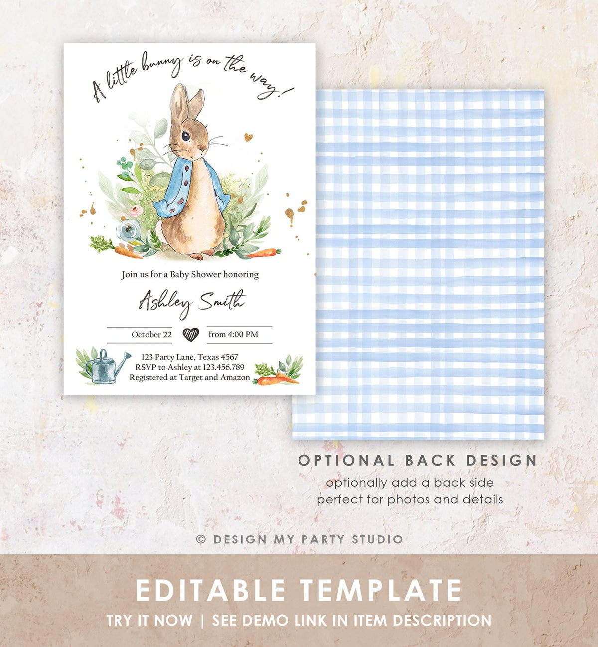 Classic Storybook Rabbit Baby Shower Invitation • Vintage Beatrix Potter Bunny Illustration • Editable Template Digital Evite Printable 0351