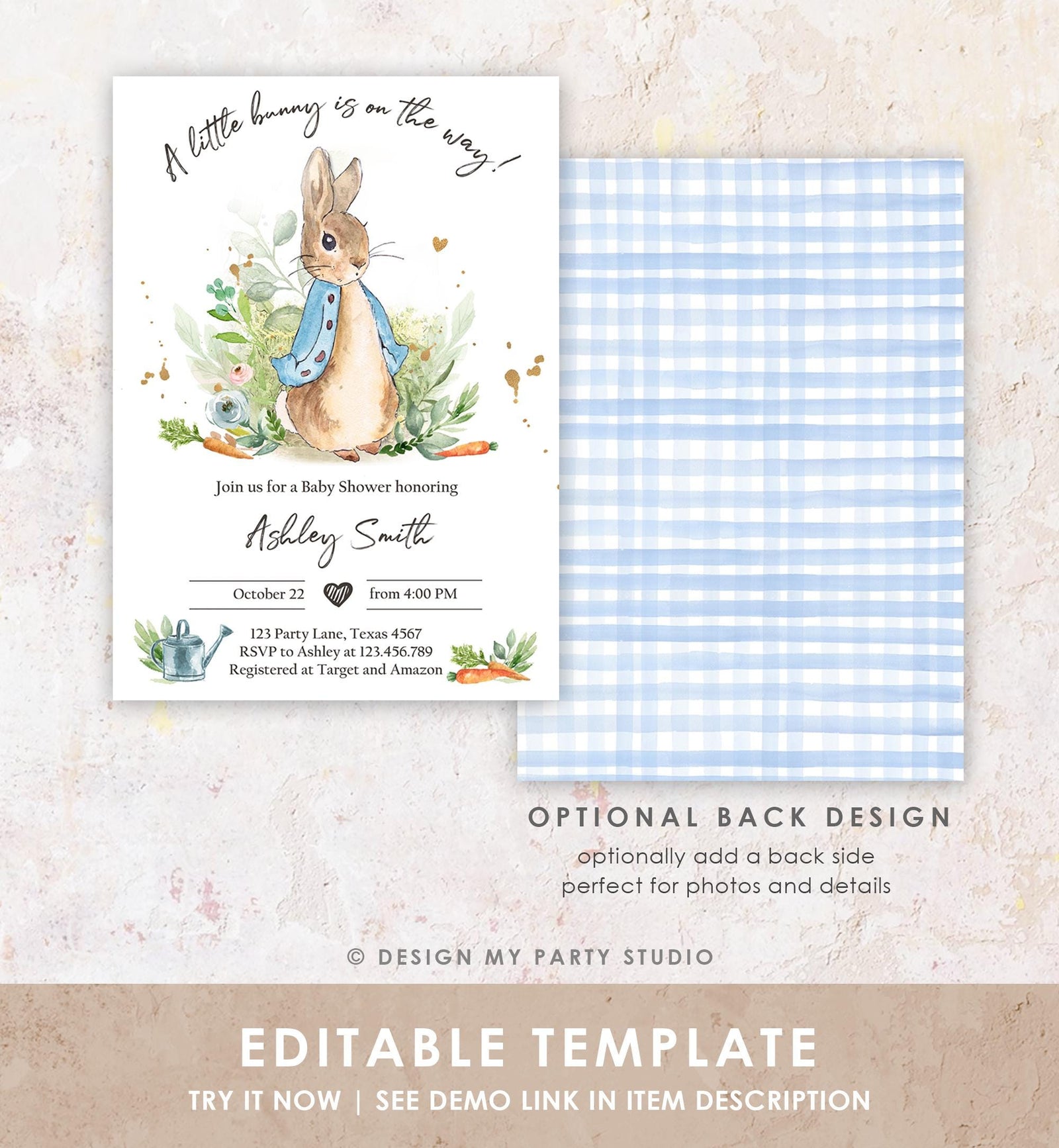 Classic Storybook Rabbit Baby Shower Invitation • Vintage Beatrix Potter Bunny Illustration • Editable Template Digital Evite Printable 0351