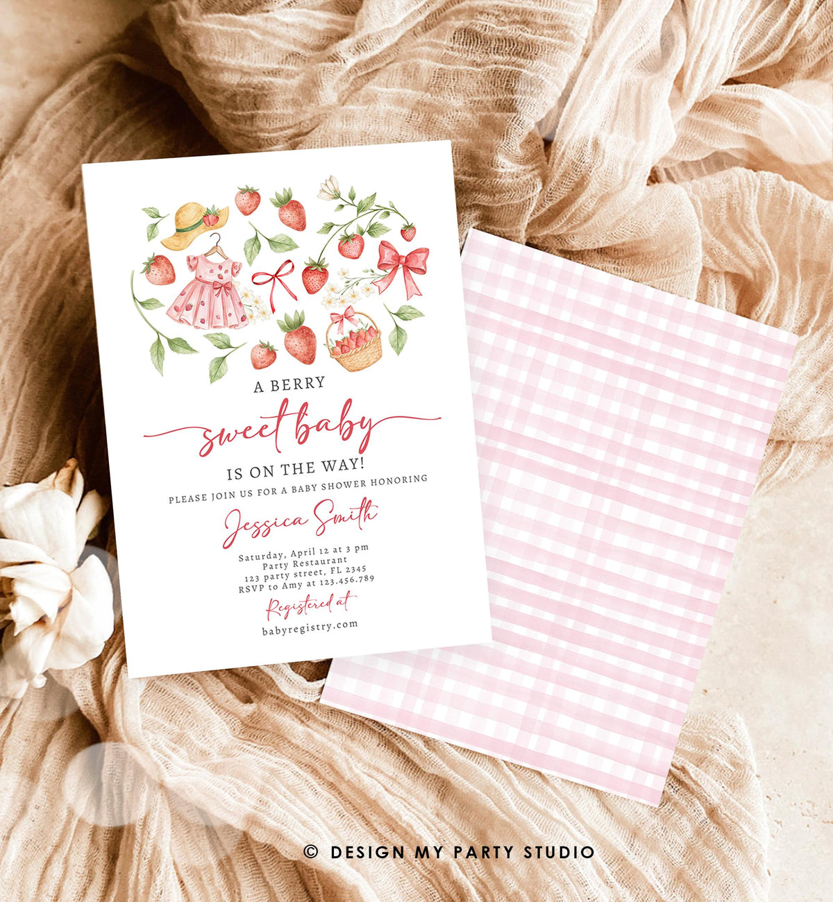 Editable Strawberry Baby Shower Invitation Cute Berry Sweet Baby Girl Strawberries Summer Digital Download Template Printable 0567