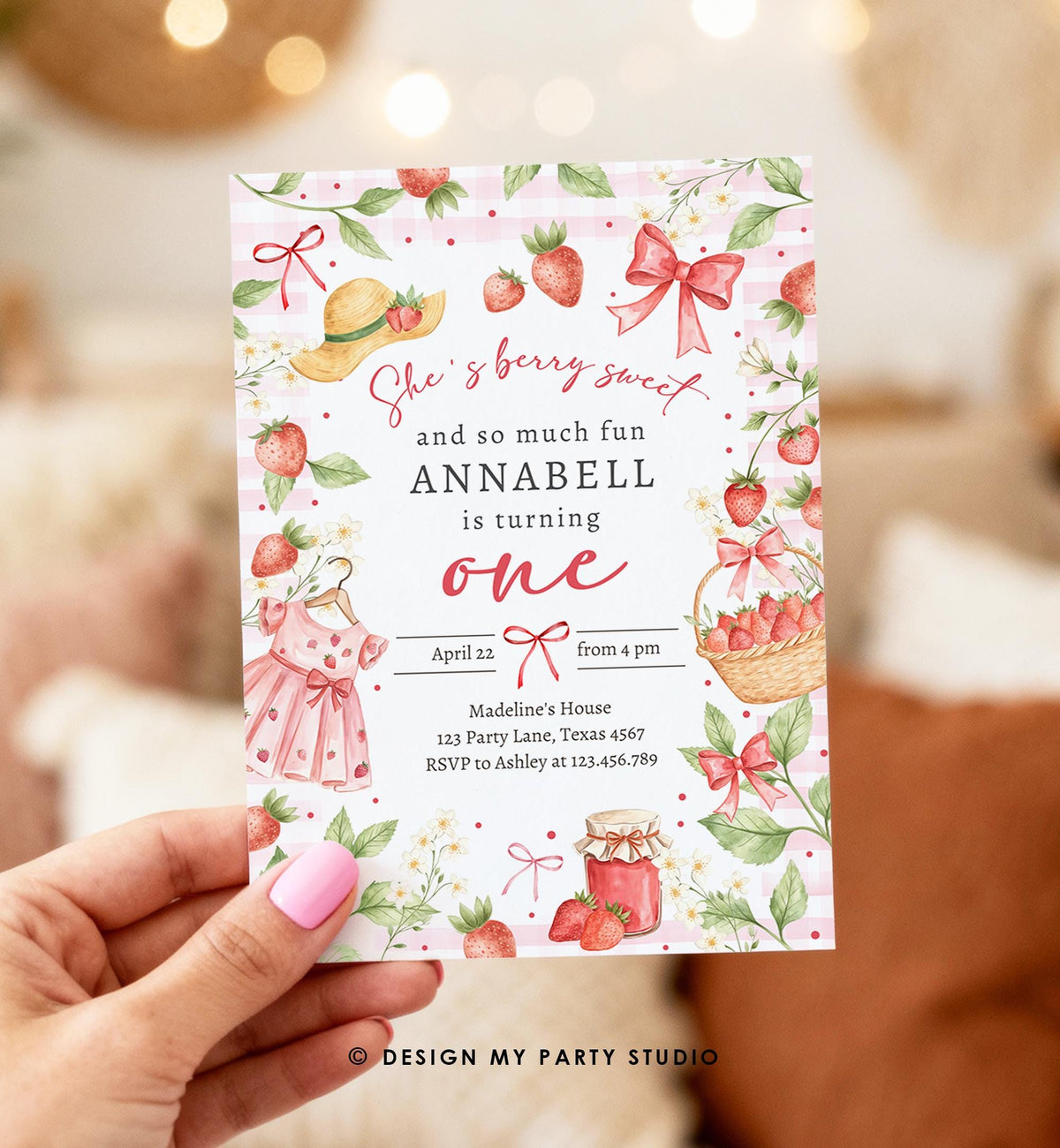 Editable Strawberry Birthday Invitation First Birthday Berry Sweet Girl Cute Strawberries 1st Digital Download Evite Template Printable 0567