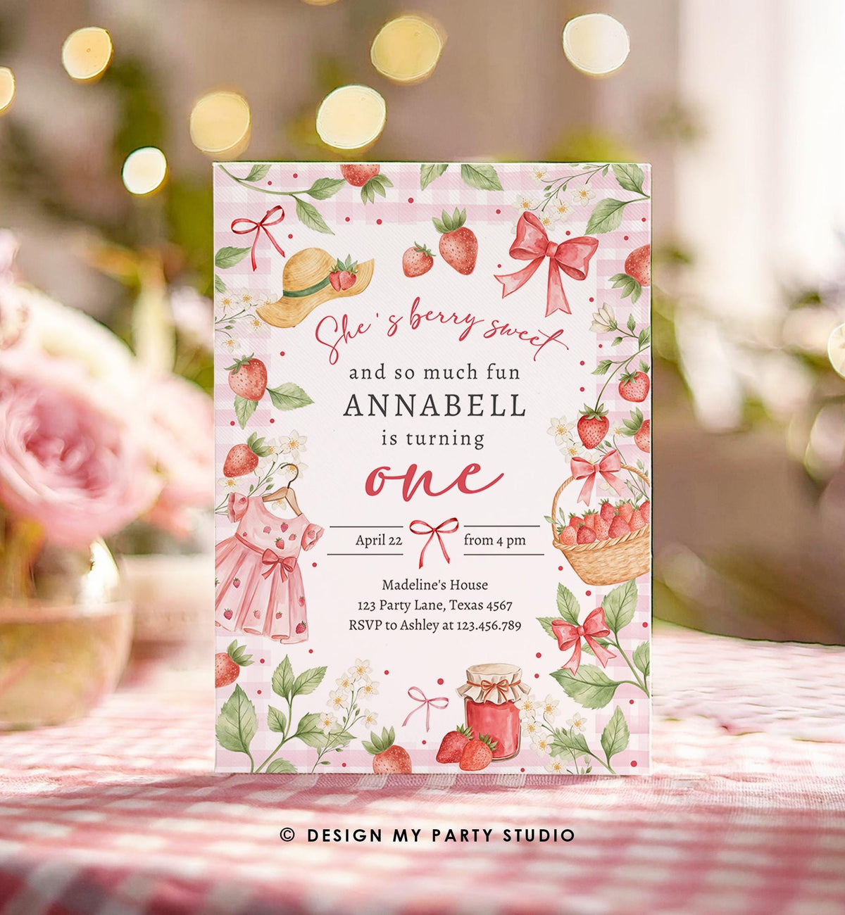Editable Strawberry Birthday Invitation First Birthday Berry Sweet Girl Cute Strawberries 1st Digital Download Evite Template Printable 0567