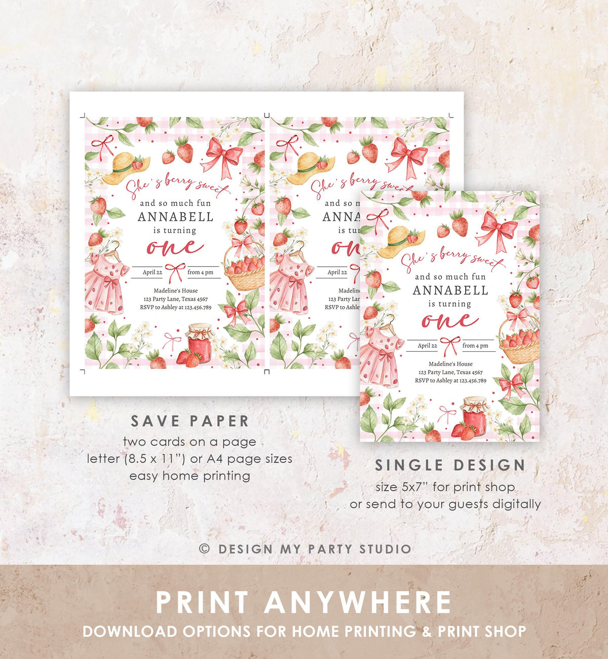 Editable Strawberry Birthday Invitation First Birthday Berry Sweet Girl Cute Strawberries 1st Digital Download Evite Template Printable 0567