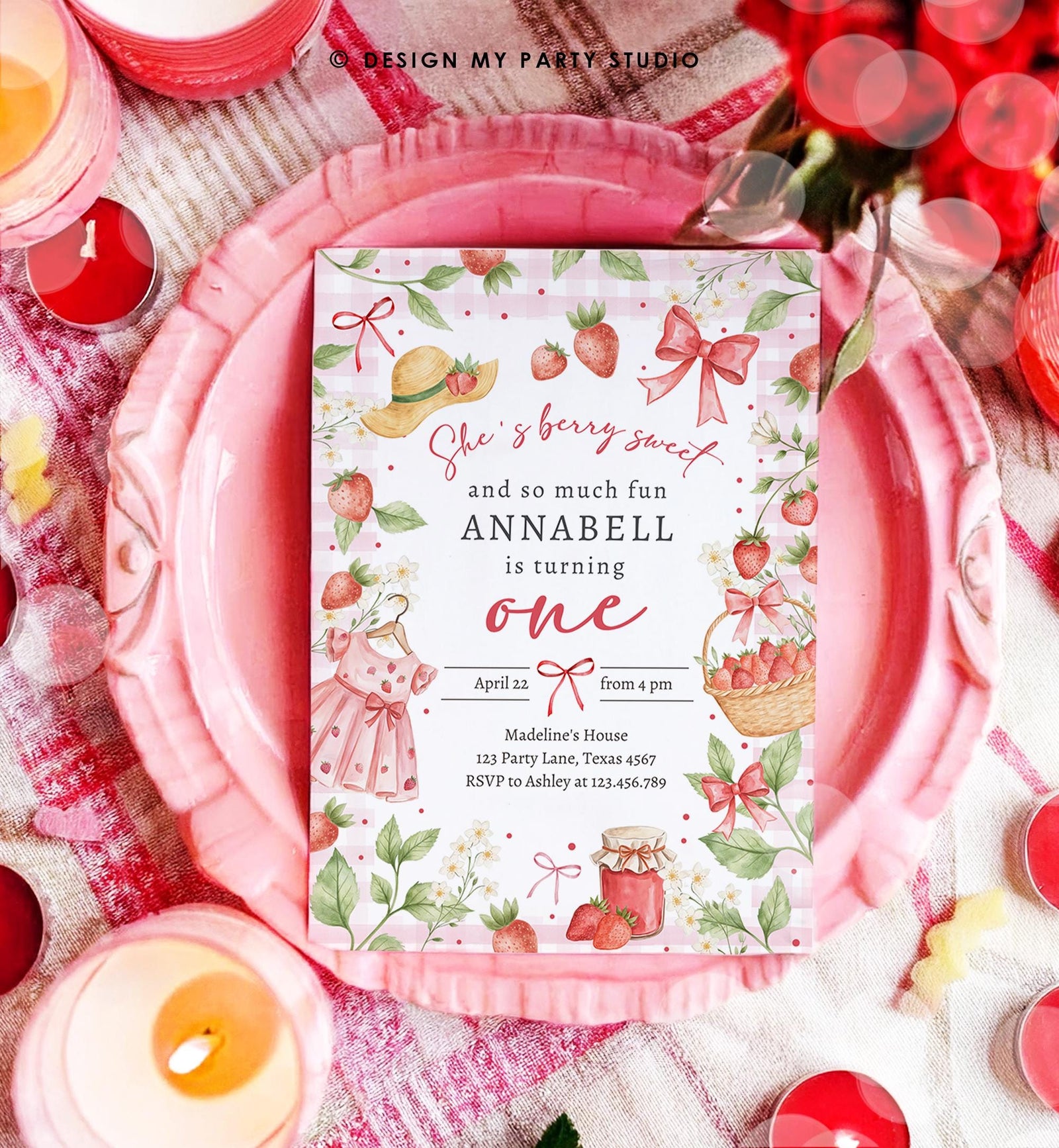 Editable Strawberry Birthday Invitation First Birthday Berry Sweet Girl Cute Strawberries 1st Digital Download Evite Template Printable 0567