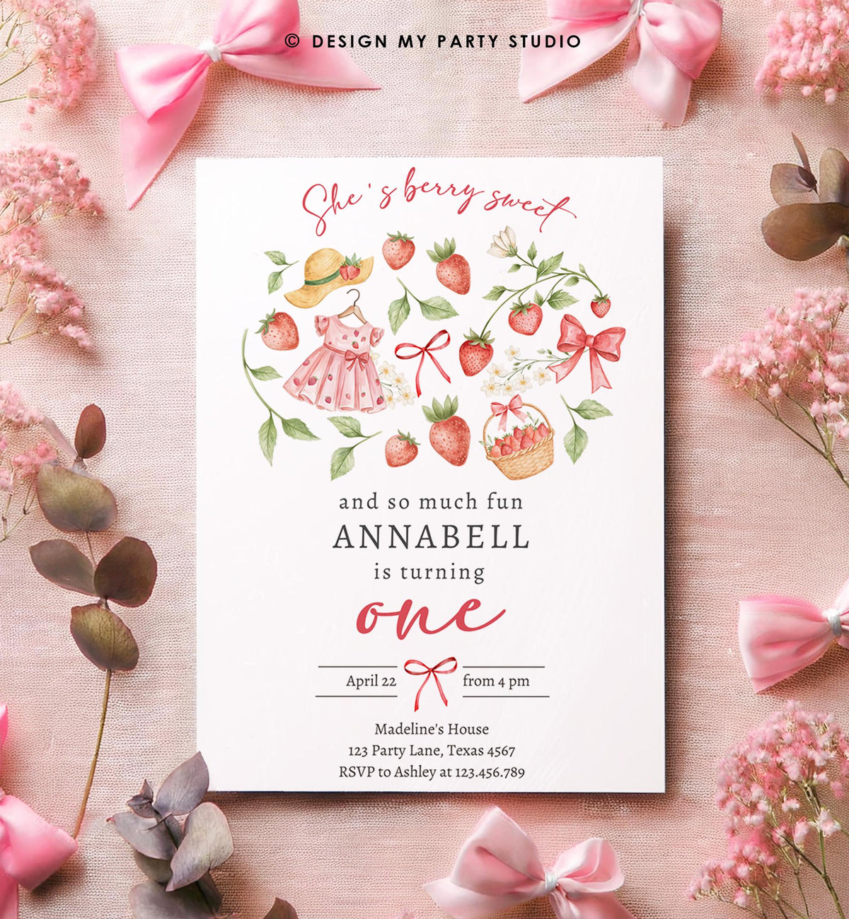 Editable Strawberry Birthday Invitation First Birthday Berry Sweet Girl Cute Strawberries 1st Digital Download Evite Template Printable 0567