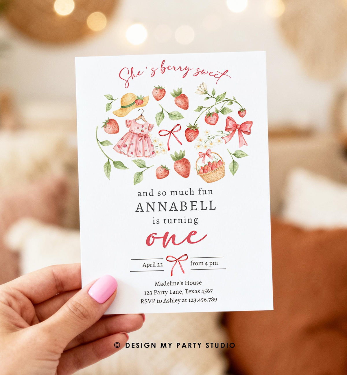 Editable Strawberry Birthday Invitation First Birthday Berry Sweet Girl Cute Strawberries 1st Digital Download Evite Template Printable 0567