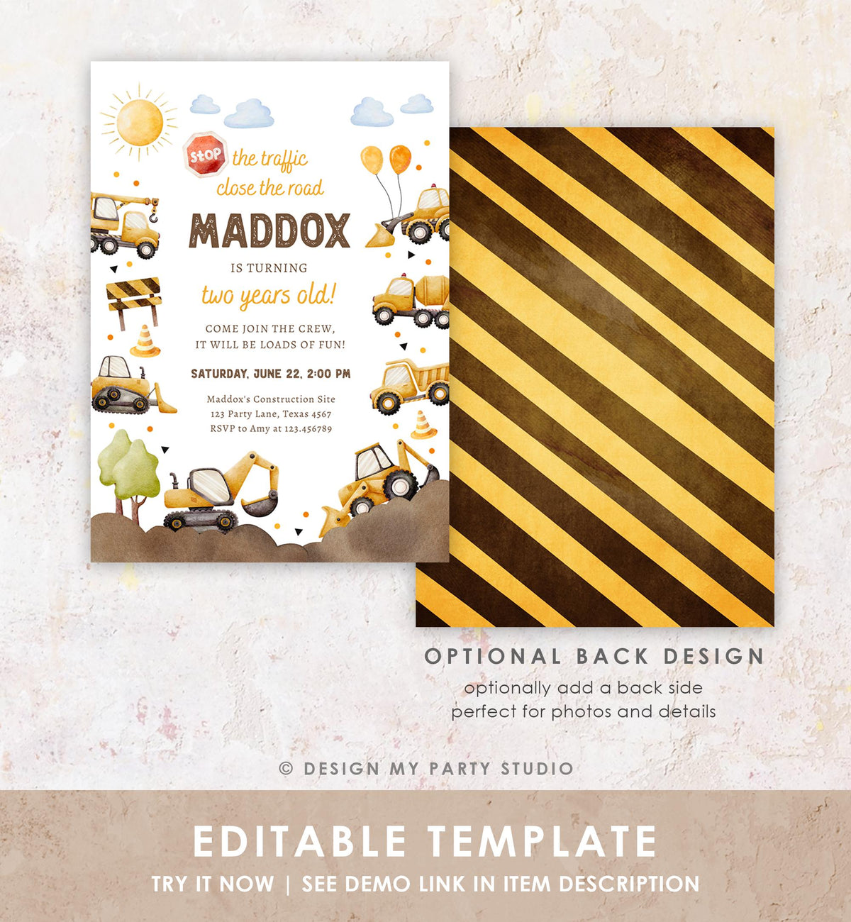 Editable Construction Birthday Invitation Yellow Dump Truck Excavator Caution Party Boy Digital Download Evite Template Printable 0563