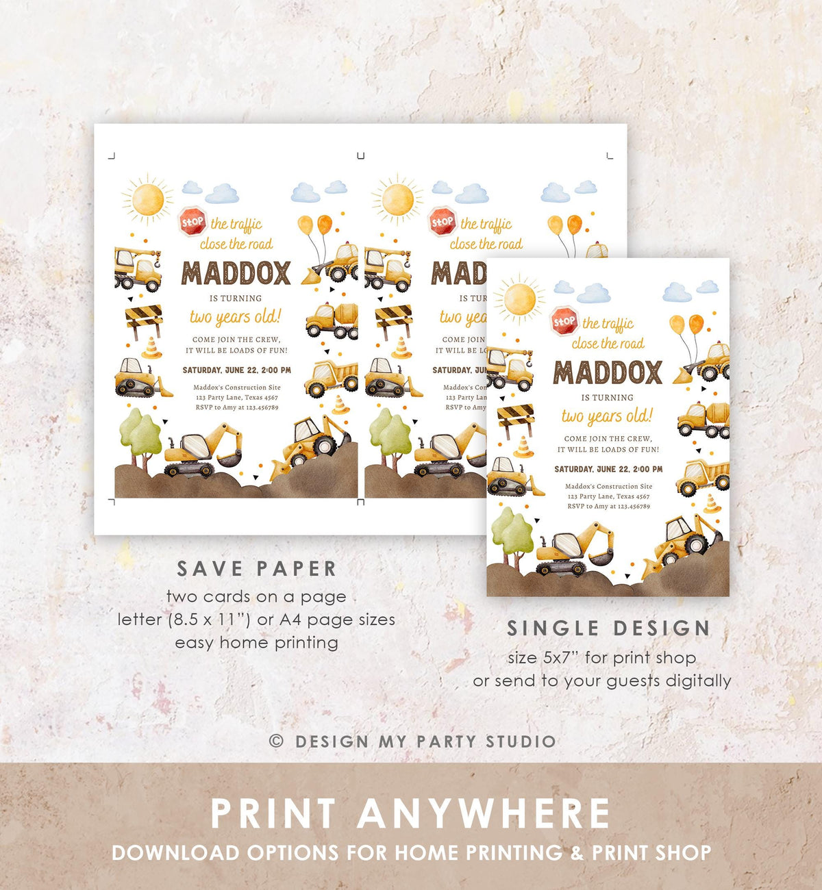 Editable Construction Birthday Invitation Yellow Dump Truck Excavator Caution Party Boy Digital Download Evite Template Printable 0563