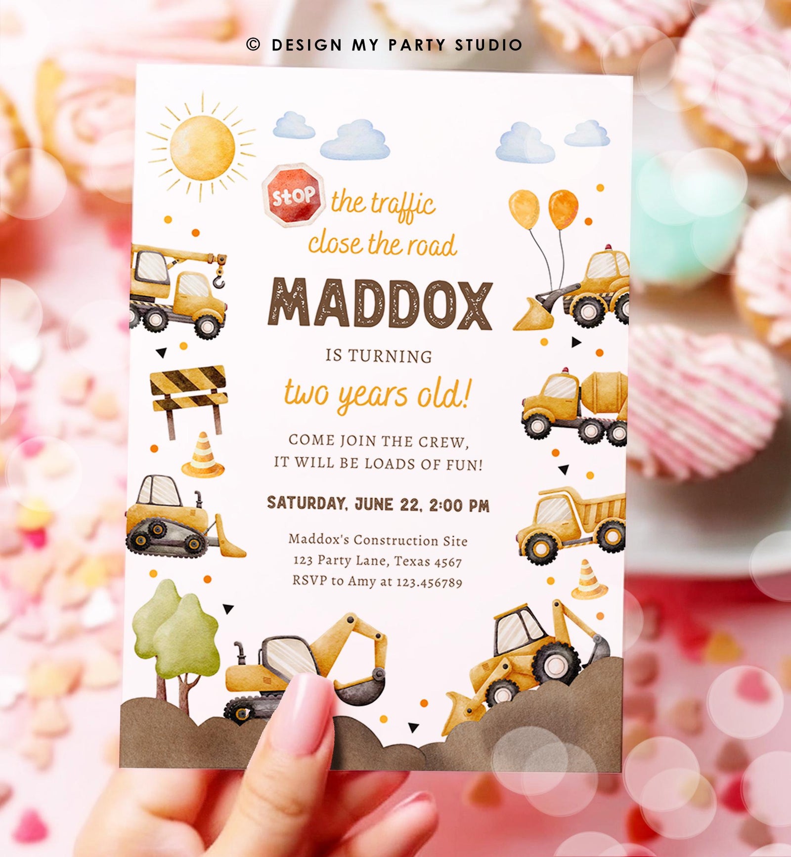 Editable Construction Birthday Invitation Yellow Dump Truck Excavator Caution Party Boy Digital Download Evite Template Printable 0563