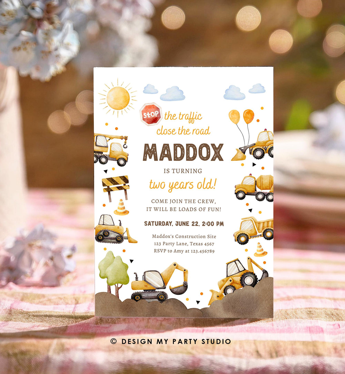 Editable Construction Birthday Invitation Yellow Dump Truck Excavator Caution Party Boy Digital Download Evite Template Printable 0563