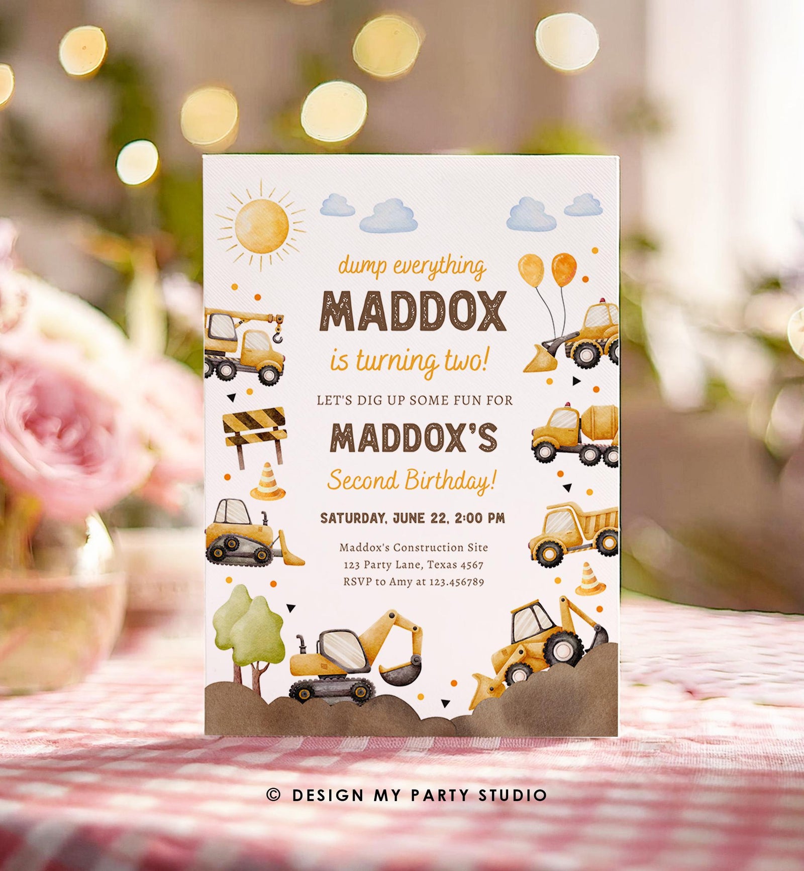 Editable Construction Birthday Invitation Yellow Dump Truck Excavator Caution Party Boy Second 2nd Digital Evite Template Printable 0563