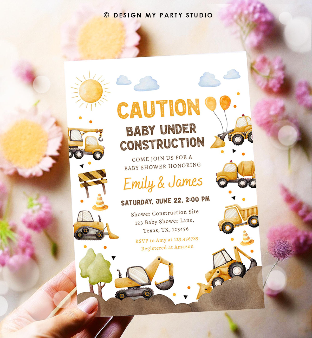 Editable Construction Baby Shower Invitation Baby Under Construction Yellow Dump Truck Excavator Caution Digital Template Printable 0563