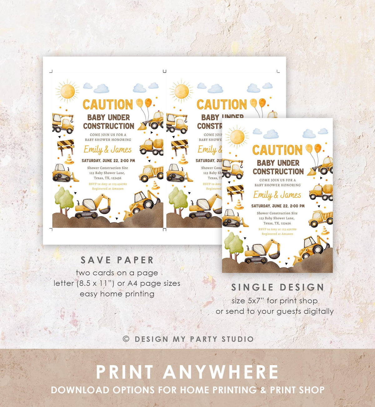 Editable Construction Baby Shower Invitation Baby Under Construction Yellow Dump Truck Excavator Caution Digital Template Printable 0563