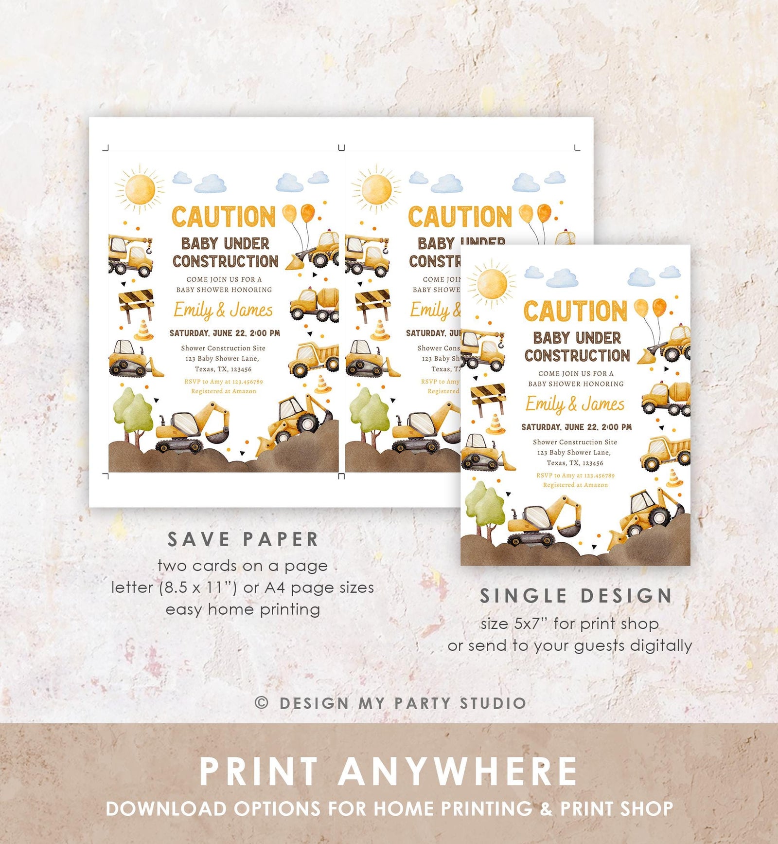 Editable Construction Baby Shower Invitation Baby Under Construction Yellow Dump Truck Excavator Caution Digital Template Printable 0563