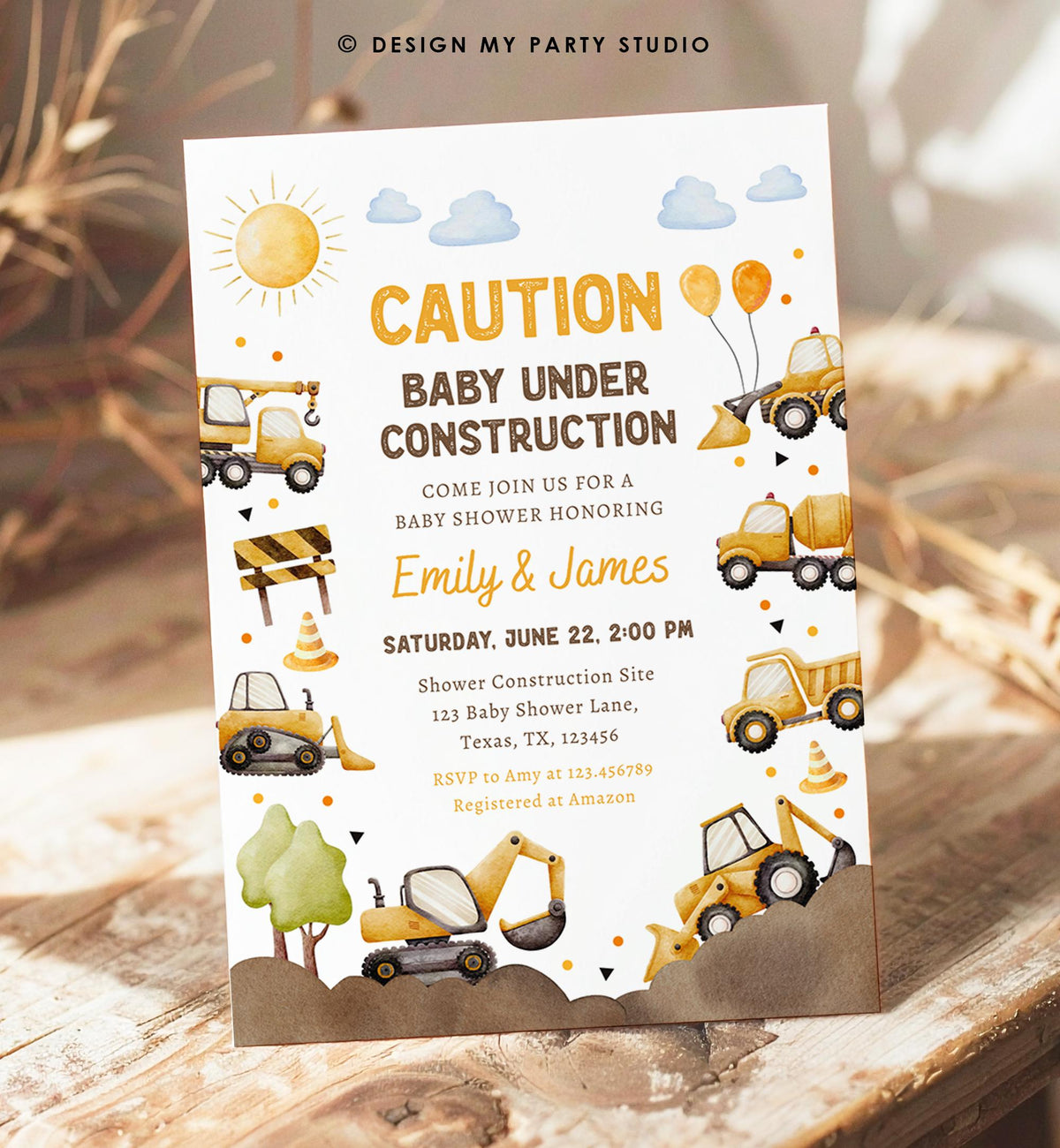 Editable Construction Baby Shower Invitation Baby Under Construction Yellow Dump Truck Excavator Caution Digital Template Printable 0563