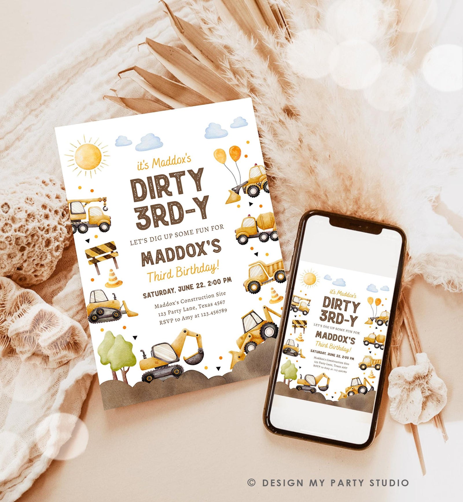 Editable Dirty 3rd-Y Construction Birthday Invitation Yellow Dump Truck Excavator Party Boy Third 3rd Digital Evite Template Printable 0563