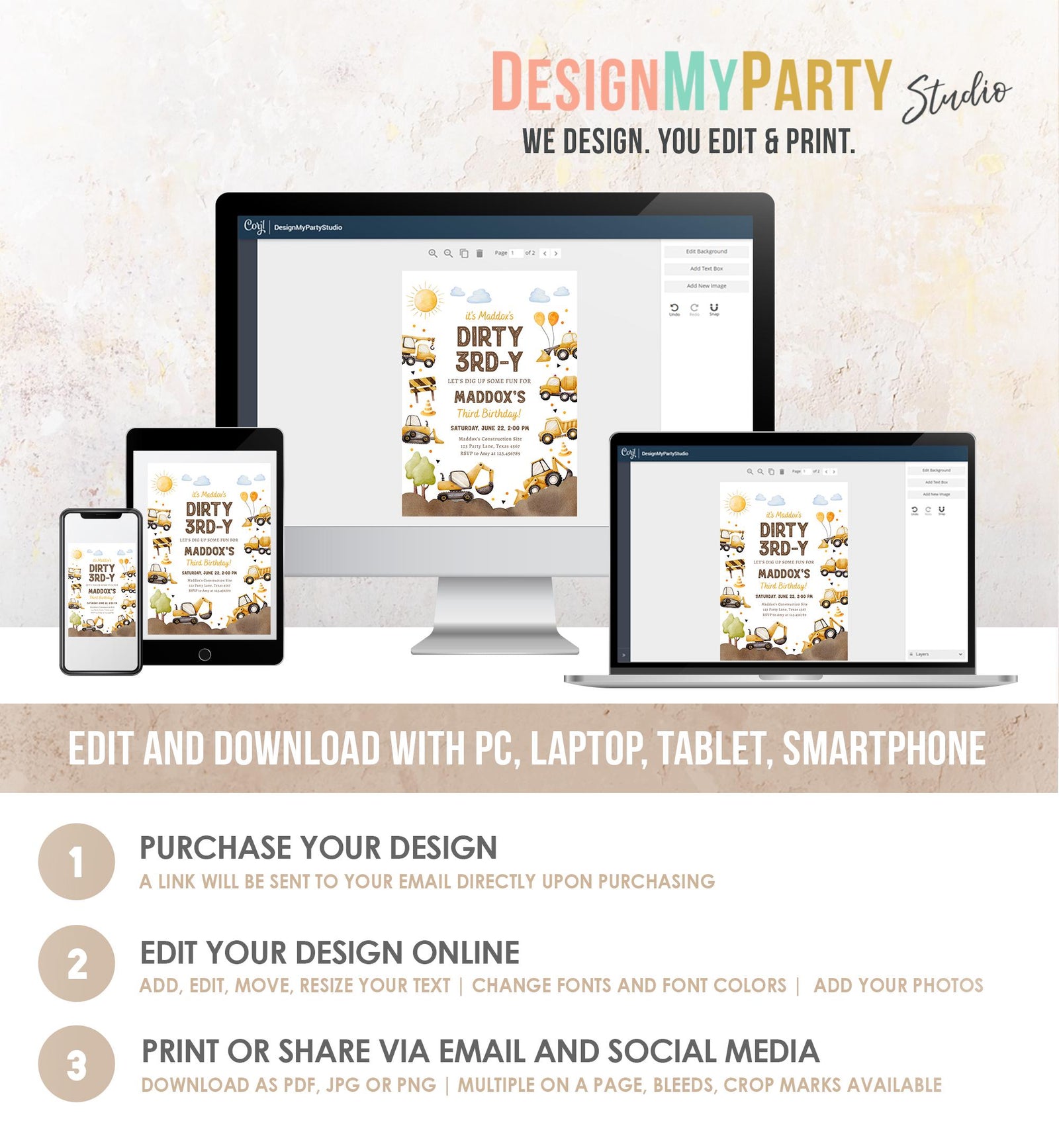 Editable Dirty 3rd-Y Construction Birthday Invitation Yellow Dump Truck Excavator Party Boy Third 3rd Digital Evite Template Printable 0563