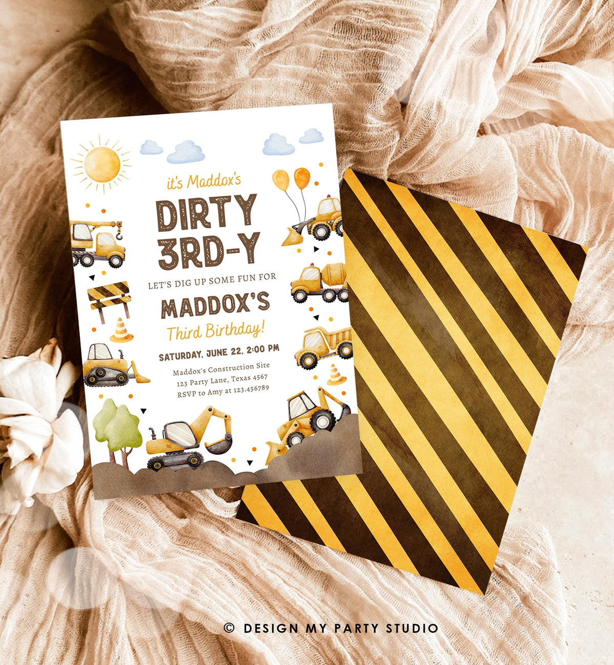 Editable Dirty 3rd-Y Construction Birthday Invitation Yellow Dump Truck Excavator Party Boy Third 3rd Digital Evite Template Printable 0563