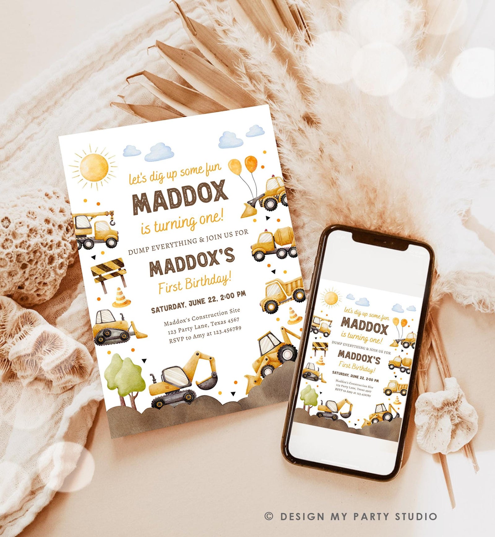 Editable Construction Birthday Invitation Yellow Dump Truck Excavator Caution Party Boy First 1st Digital Evite Template Printable 0563