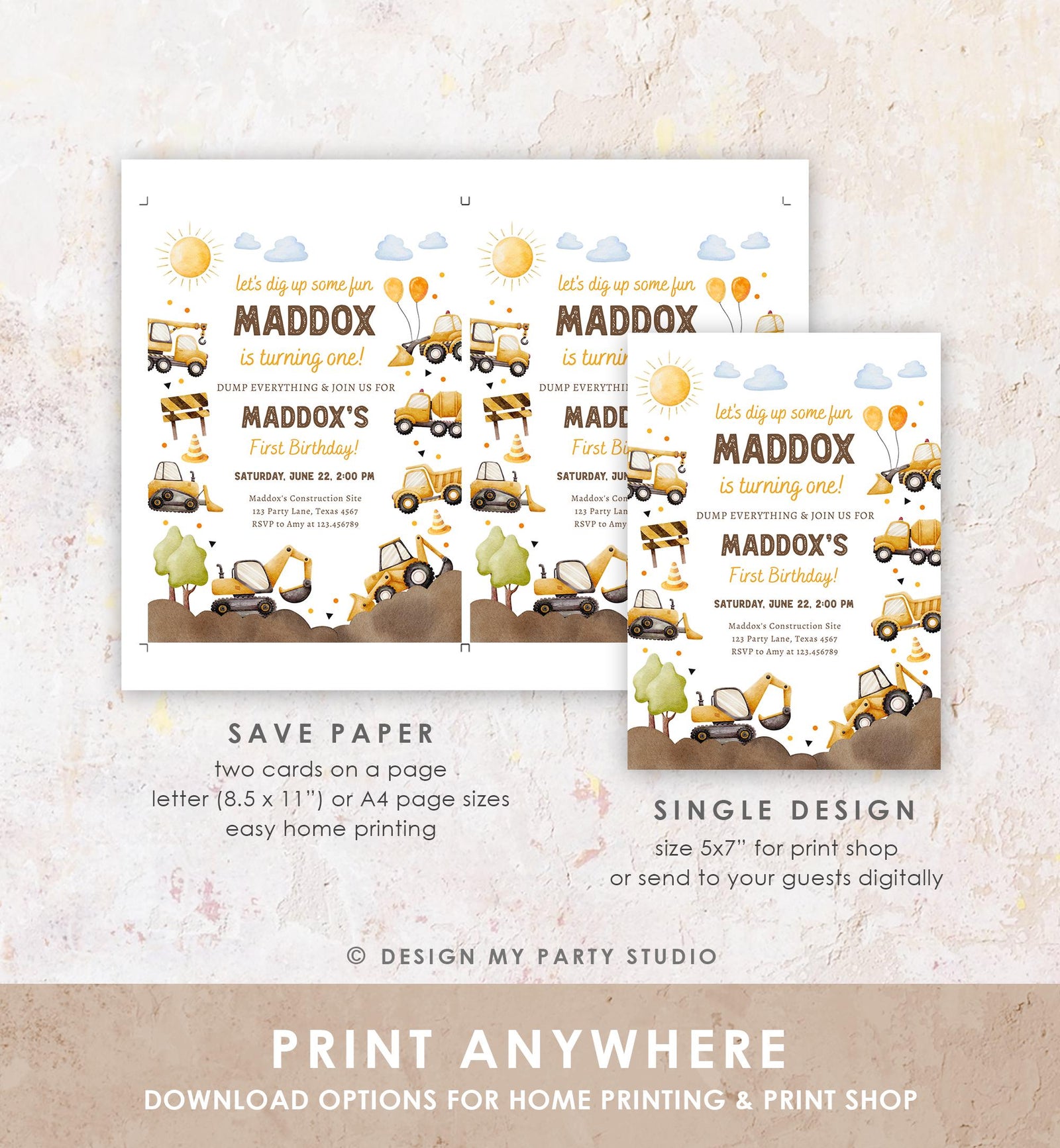 Editable Construction Birthday Invitation Yellow Dump Truck Excavator Caution Party Boy First 1st Digital Evite Template Printable 0563