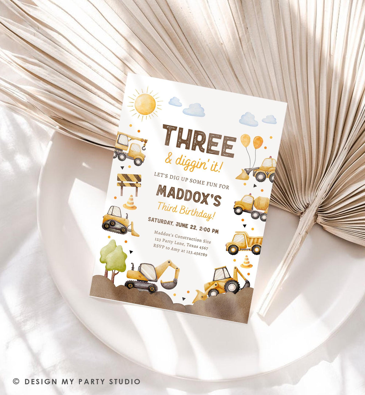 Editable Three & Diggin' It Construction Birthday Invitation Yellow Dump Truck Excavator Party Boy Third 3rd Digital Template Printable 0563