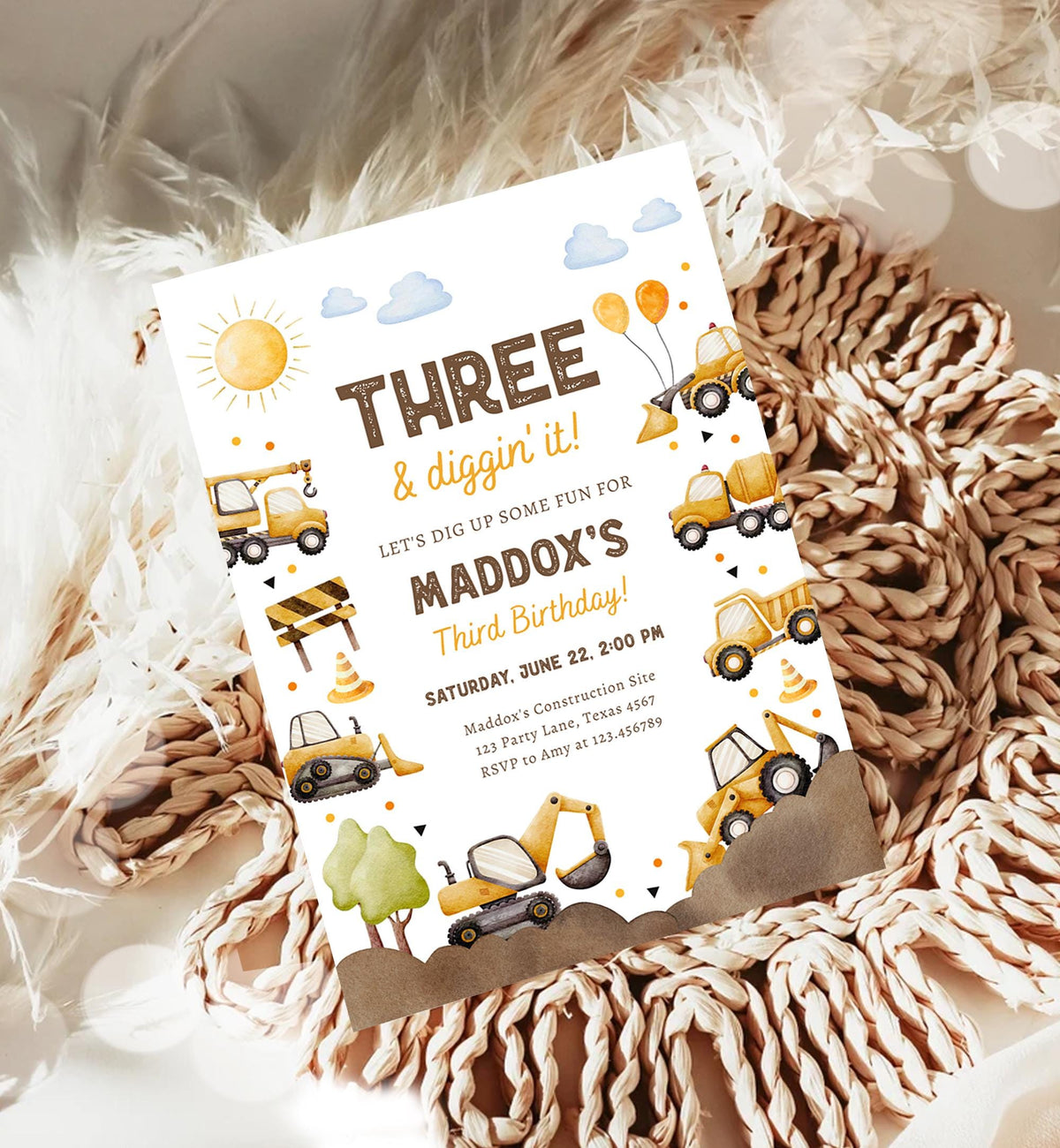 Editable Three & Diggin' It Construction Birthday Invitation Yellow Dump Truck Excavator Party Boy Third 3rd Digital Template Printable 0563