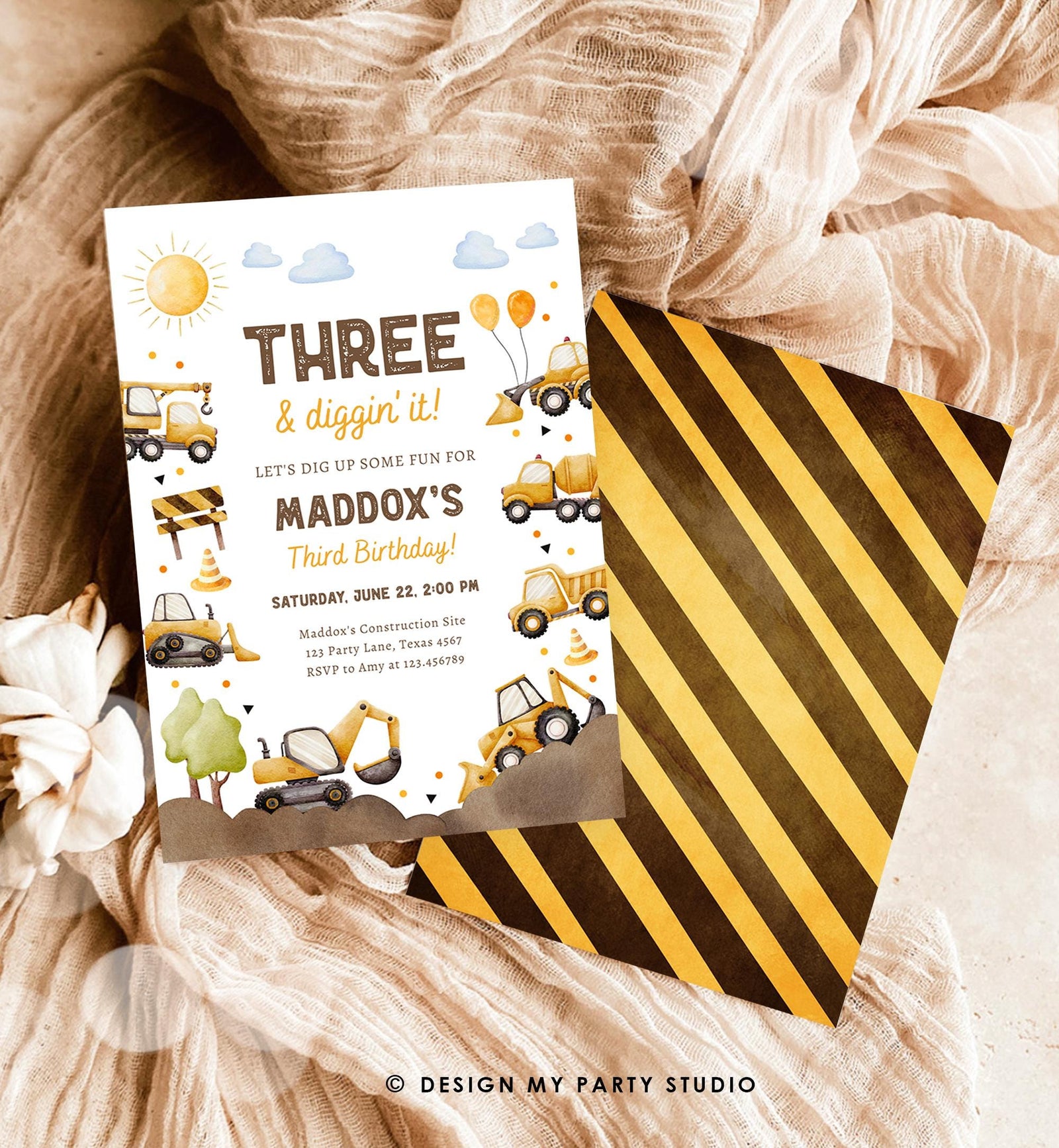 Editable Three & Diggin' It Construction Birthday Invitation Yellow Dump Truck Excavator Party Boy Third 3rd Digital Template Printable 0563