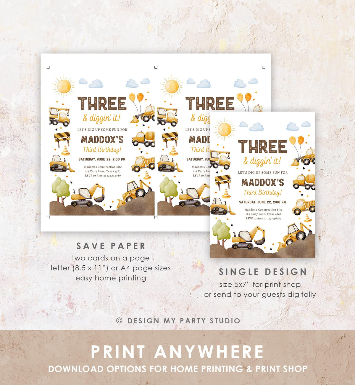 Editable Three & Diggin' It Construction Birthday Invitation Yellow Dump Truck Excavator Party Boy Third 3rd Digital Template Printable 0563