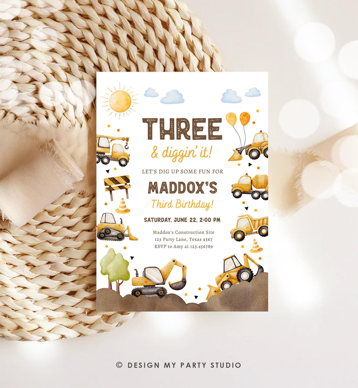 Editable Three &amp; Diggin' It Construction Birthday Invitation Yellow Dump Truck Excavator Party Boy Third 3rd Digital Template Printable 0563