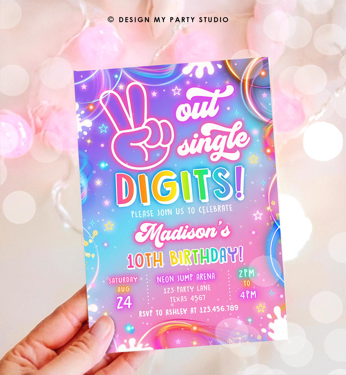 Editable Peace Out Single Digits Birthday Invitation Neon Glow Disco Girl 10th Birthday Party Digital Download Evite Template Printable 0568