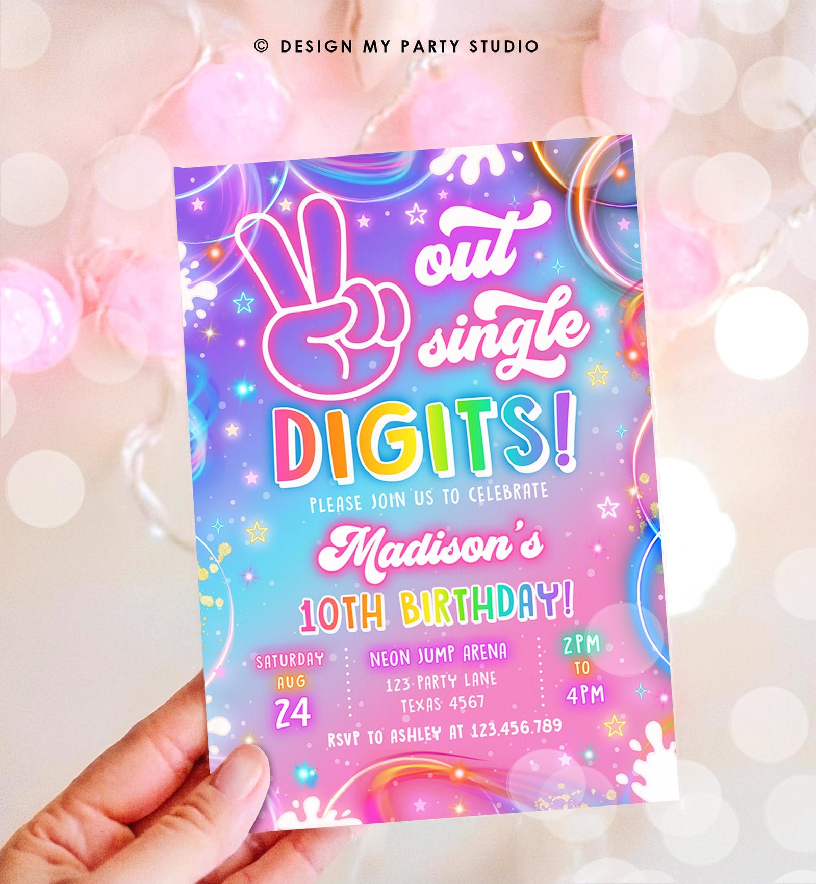 Editable Peace Out Single Digits Birthday Invitation Neon Glow Disco Girl 10th Birthday Party Digital Download Evite Template Printable 0568