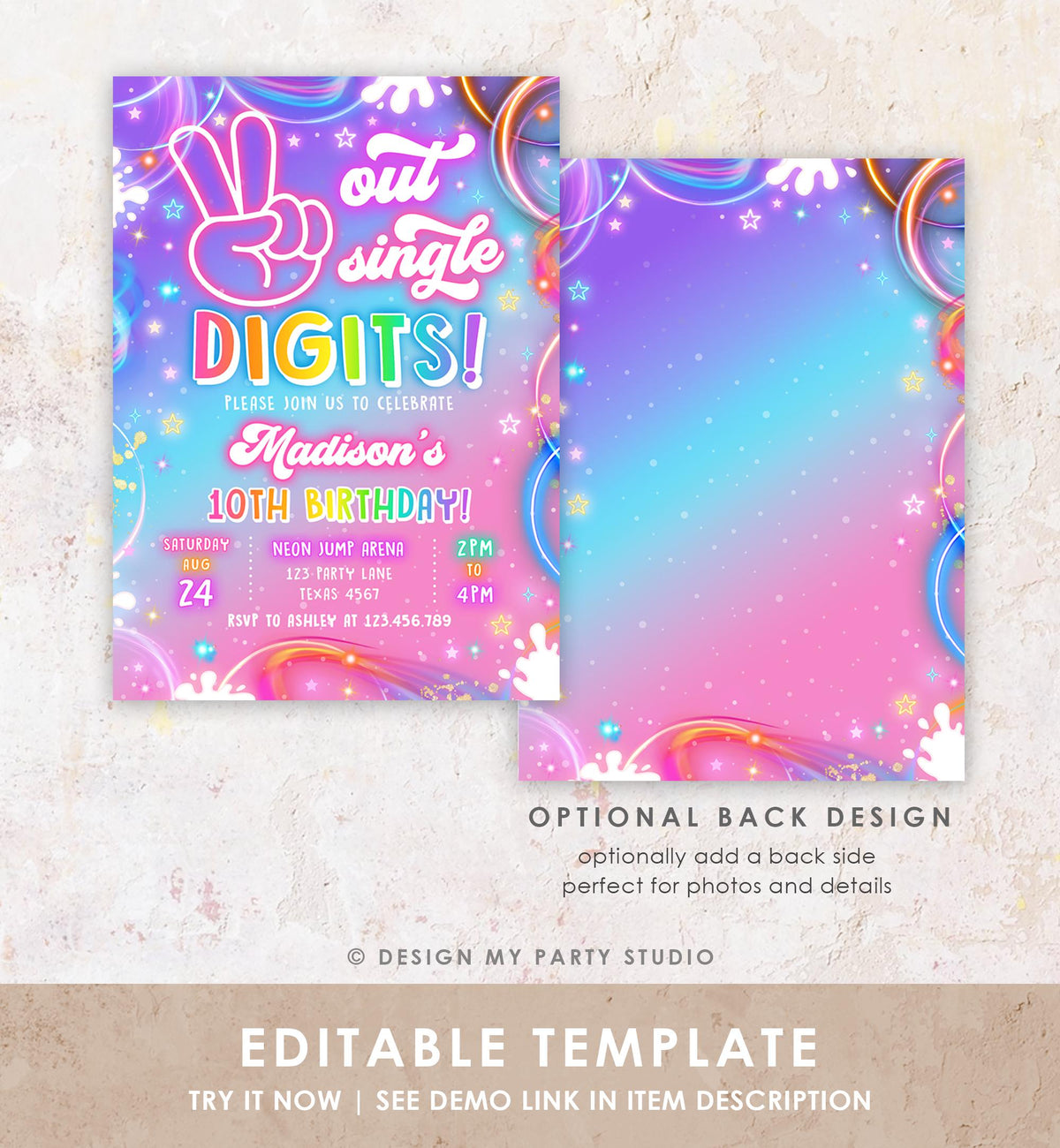 Editable Peace Out Single Digits Birthday Invitation Neon Glow Disco Girl 10th Birthday Party Digital Download Evite Template Printable 0568
