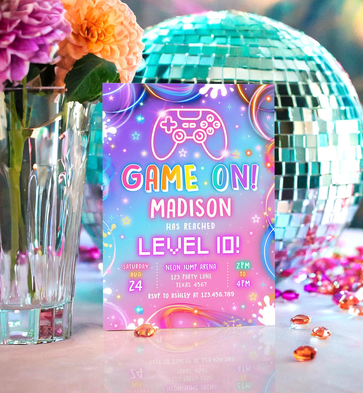 Editable Game On Birthday Invitation Video Game Gamer Level Up Neon Glow Girl Epic Play Party Fun Digital Evite Template Printable 0568