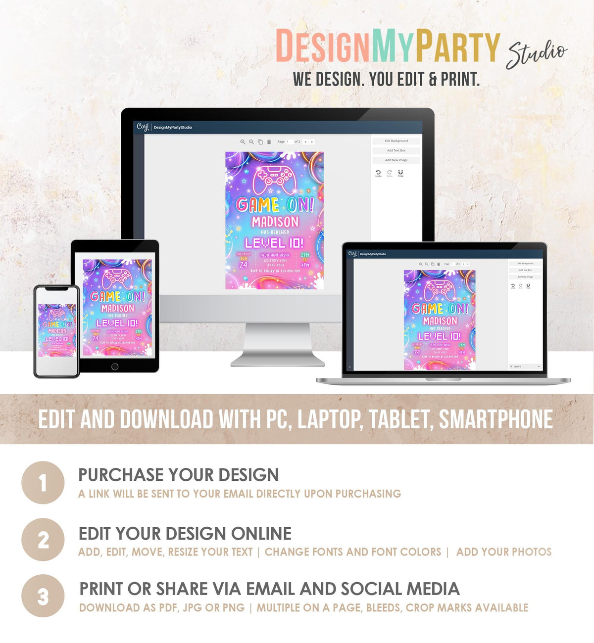 Editable Game On Birthday Invitation Video Game Gamer Level Up Neon Glow Girl Epic Play Party Fun Digital Evite Template Printable 0568