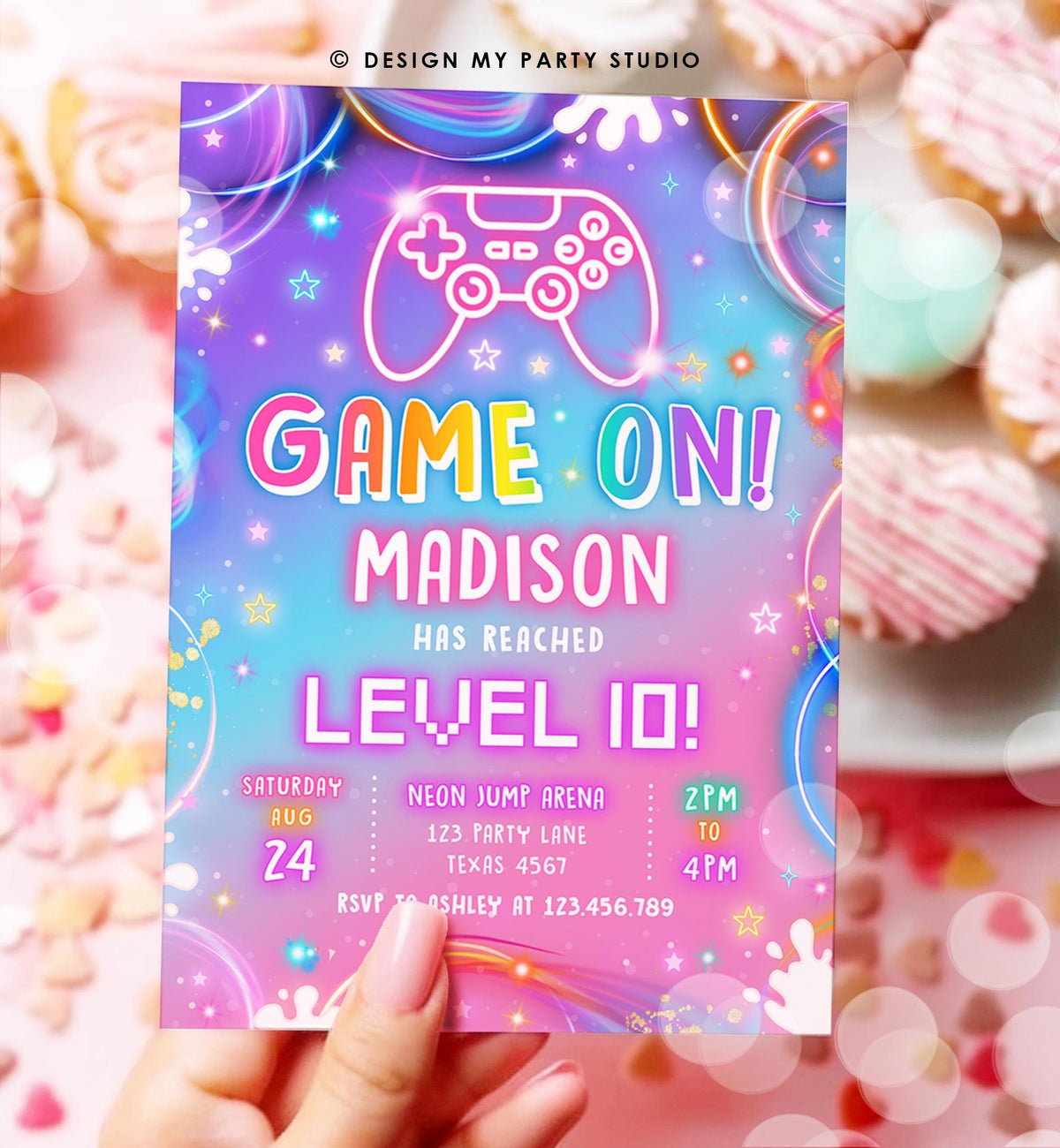Editable Game On Birthday Invitation Video Game Gamer Level Up Neon Glow Girl Epic Play Party Fun Digital Evite Template Printable 0568