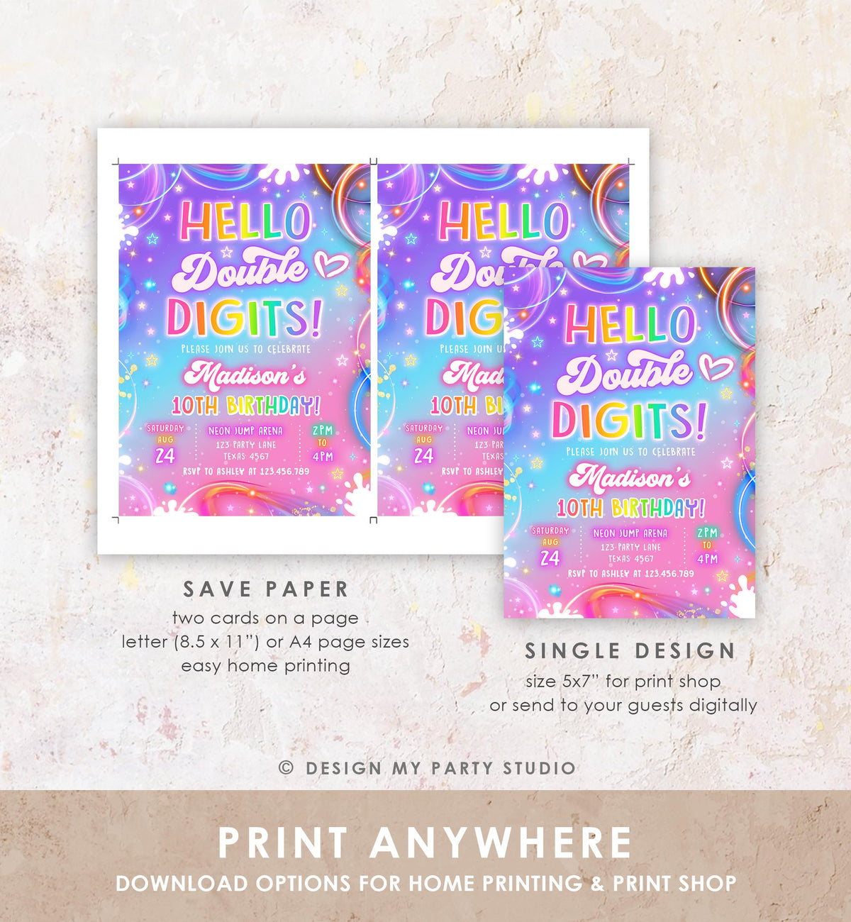 Editable Hello Double Digits Birthday Invitation Neon Glow Disco Girl 10th Birthday Party Digital Download Evite Template Printable 0568
