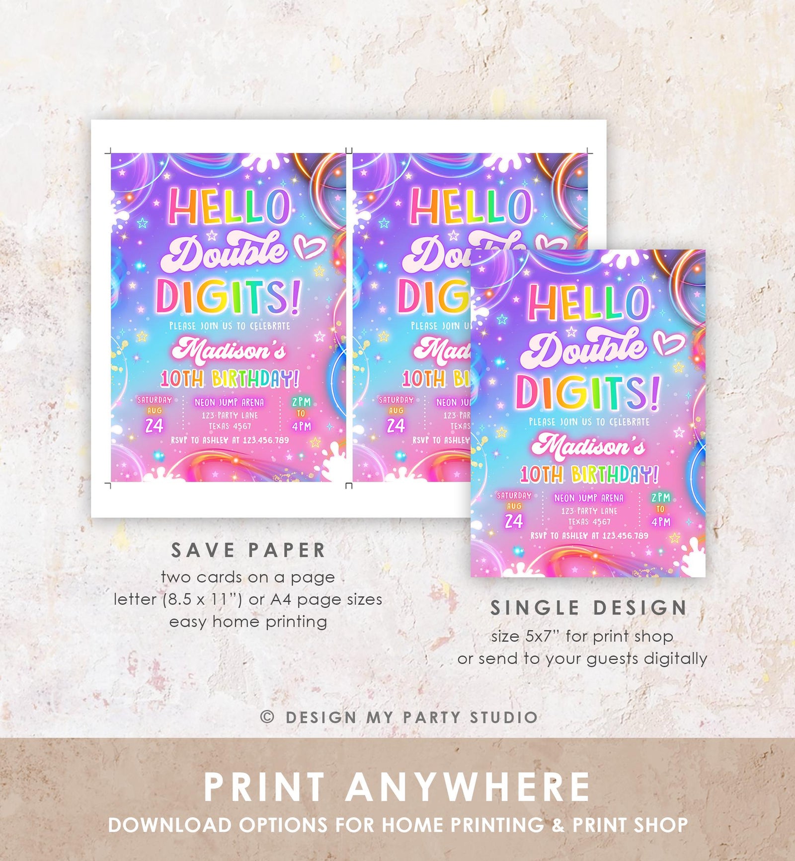 Editable Hello Double Digits Birthday Invitation Neon Glow Disco Girl 10th Birthday Party Digital Download Evite Template Printable 0568