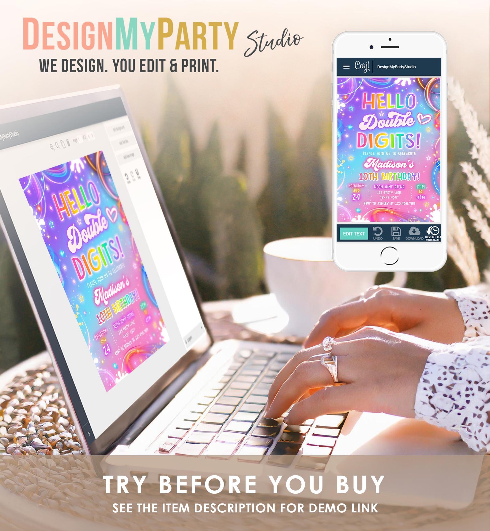 Editable Hello Double Digits Birthday Invitation Neon Glow Disco Girl 10th Birthday Party Digital Download Evite Template Printable 0568