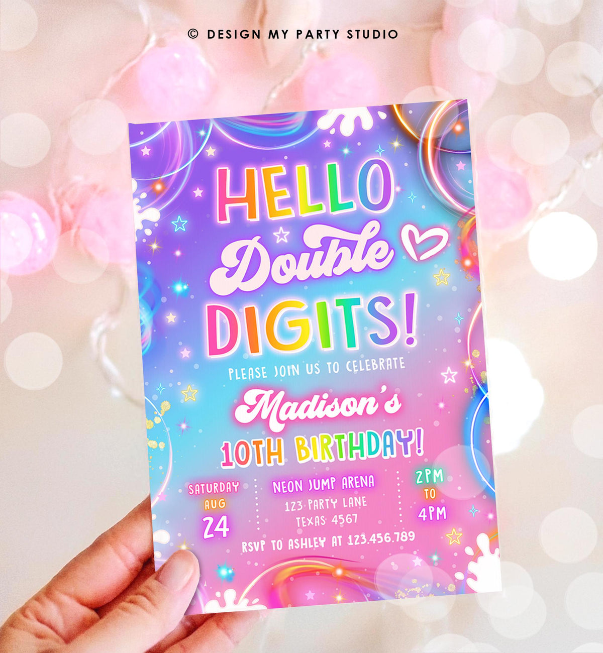 Editable Hello Double Digits Birthday Invitation Neon Glow Disco Girl 10th Birthday Party Digital Download Evite Template Printable 0568