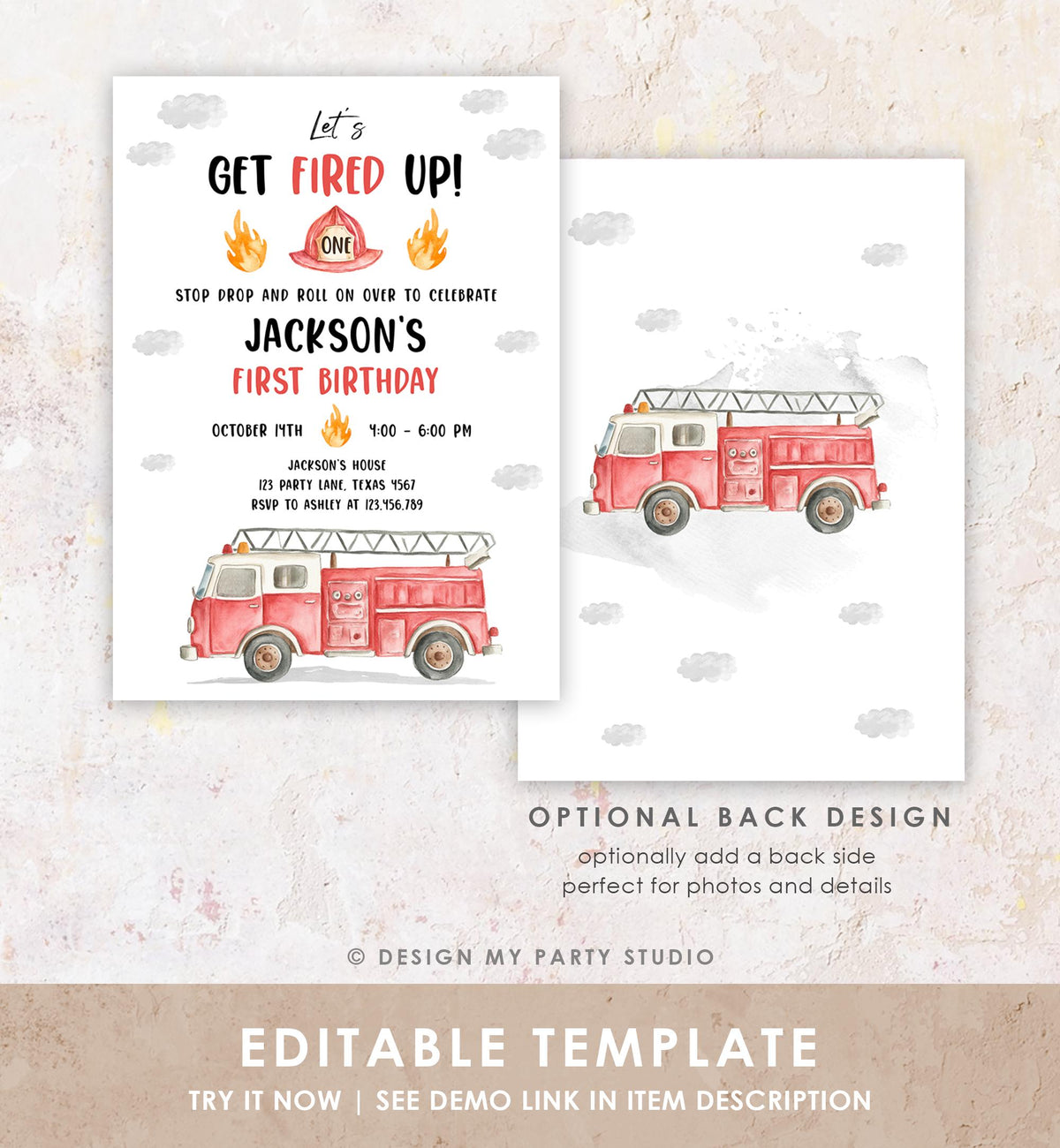Editable Get Fired Up Birthday Invitation Firefighters Firetruck Fire Truck Boy Birthday Party Digital Evite Template Printable 0564