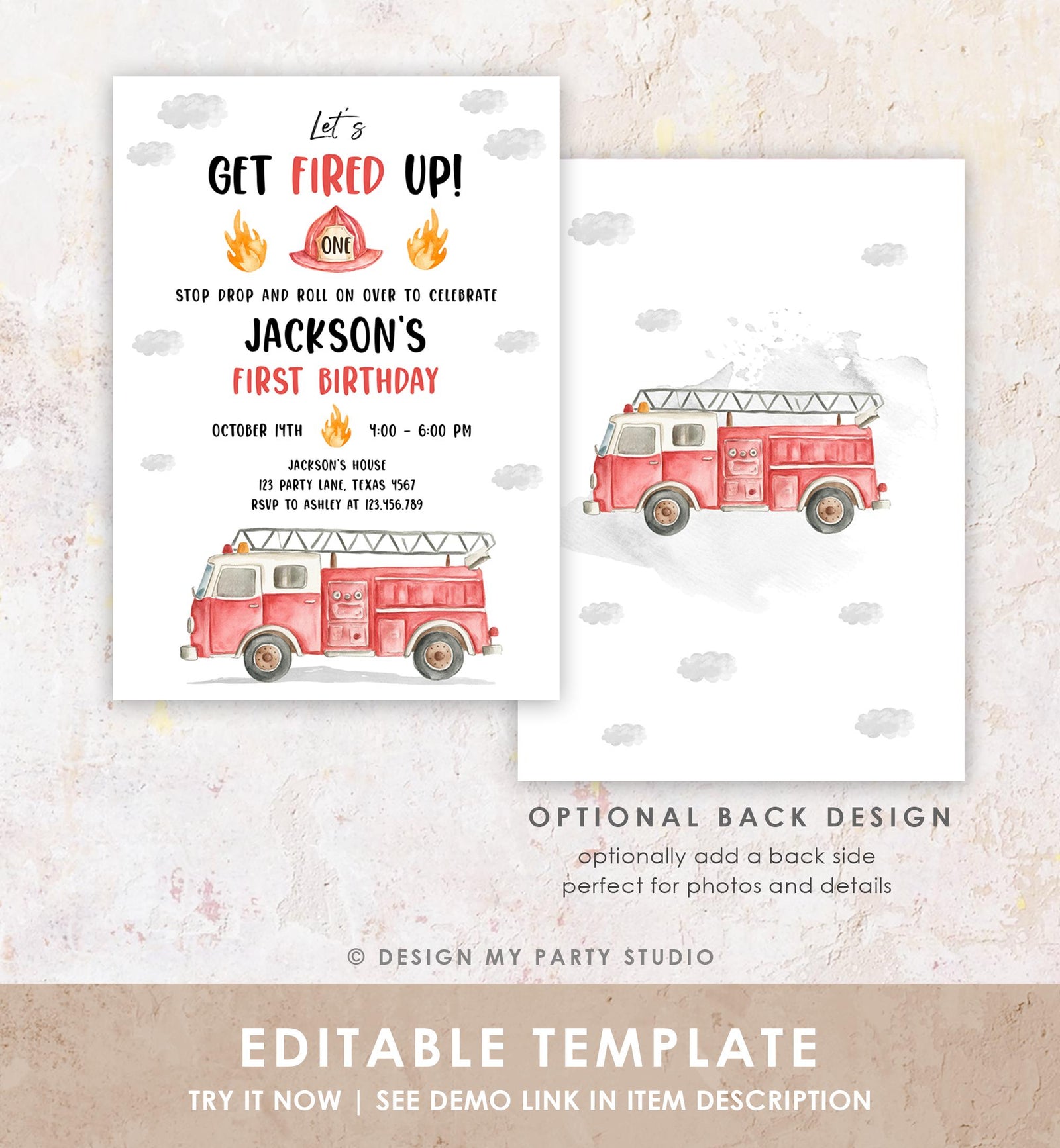 Editable Get Fired Up Birthday Invitation Firefighters Firetruck Fire Truck Boy Birthday Party Digital Evite Template Printable 0564